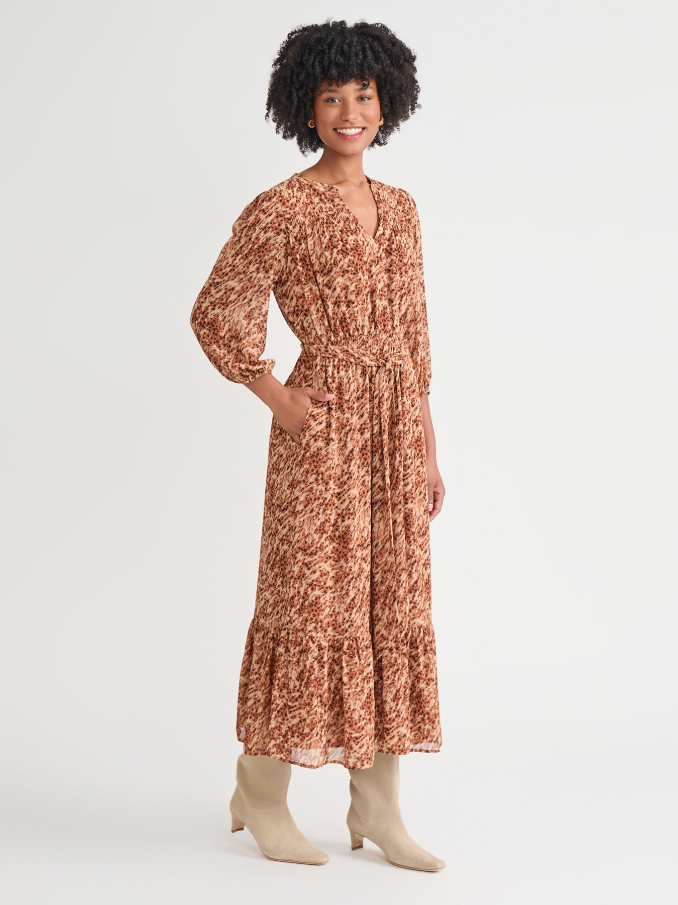 V-Neck Belted Maxi Dress, Printed Chiffon