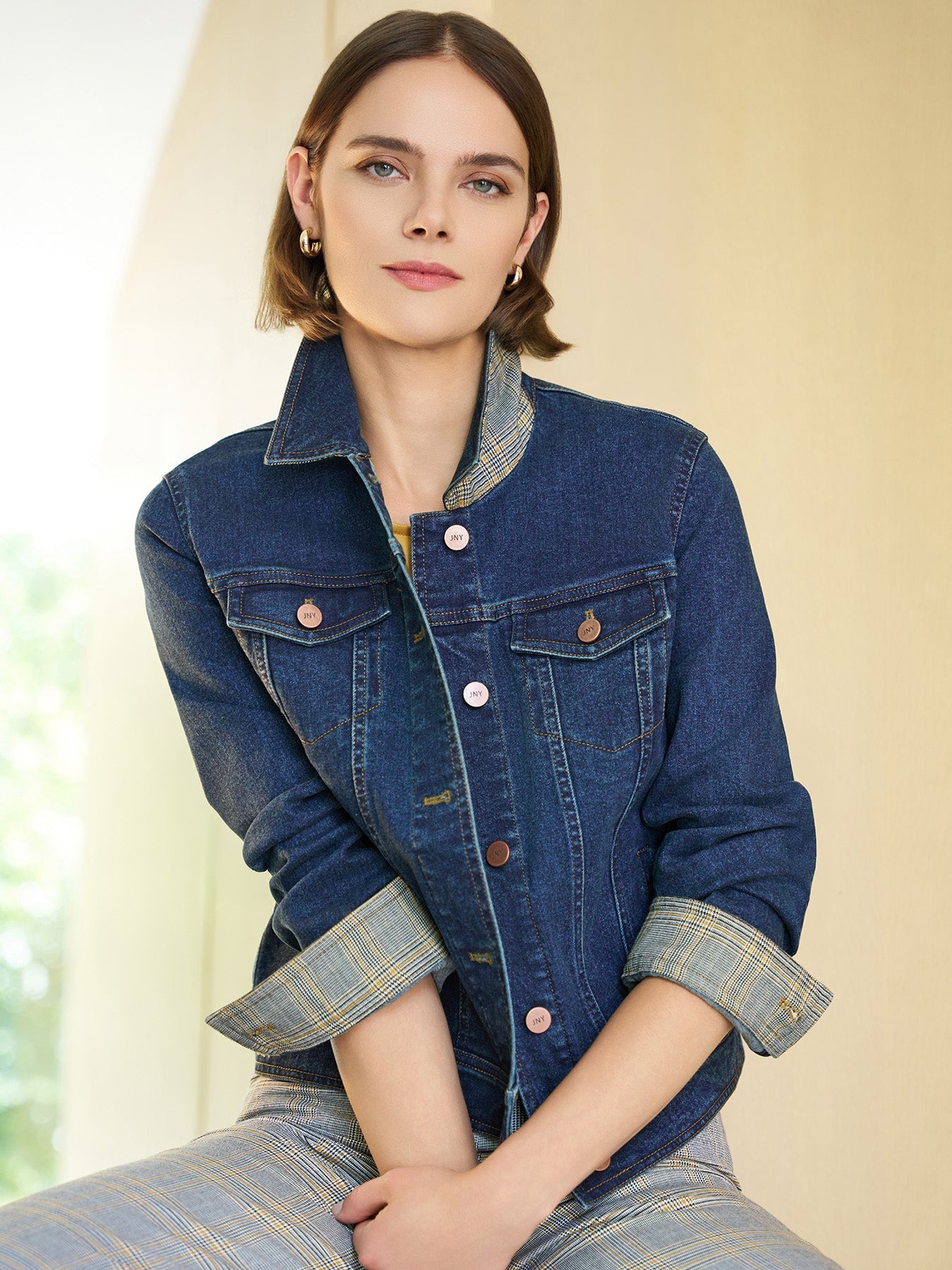 Houndstooth Trim Trucker Jacket, Stretch Denim