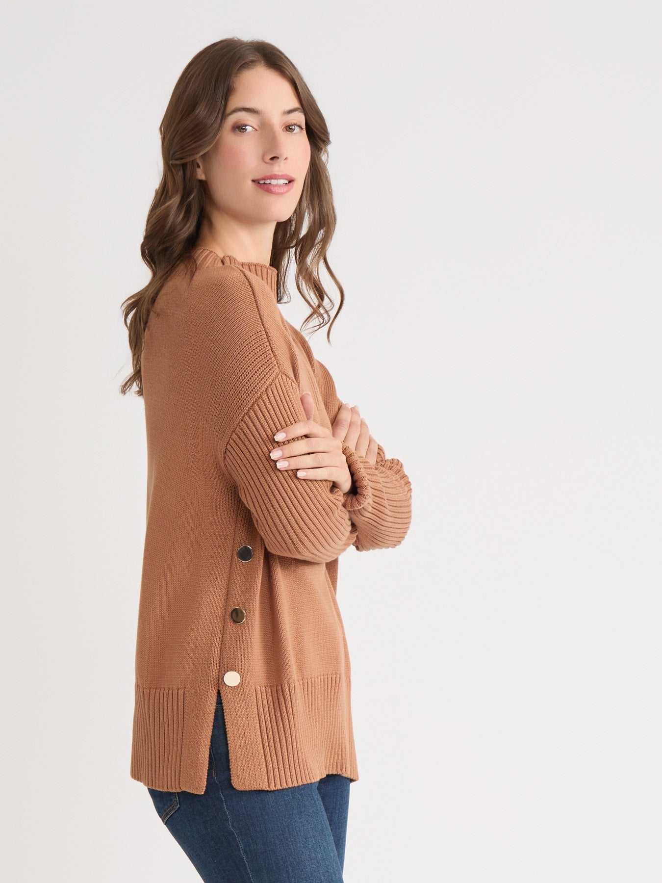 Side Button Sweater Mock Neck Sweater