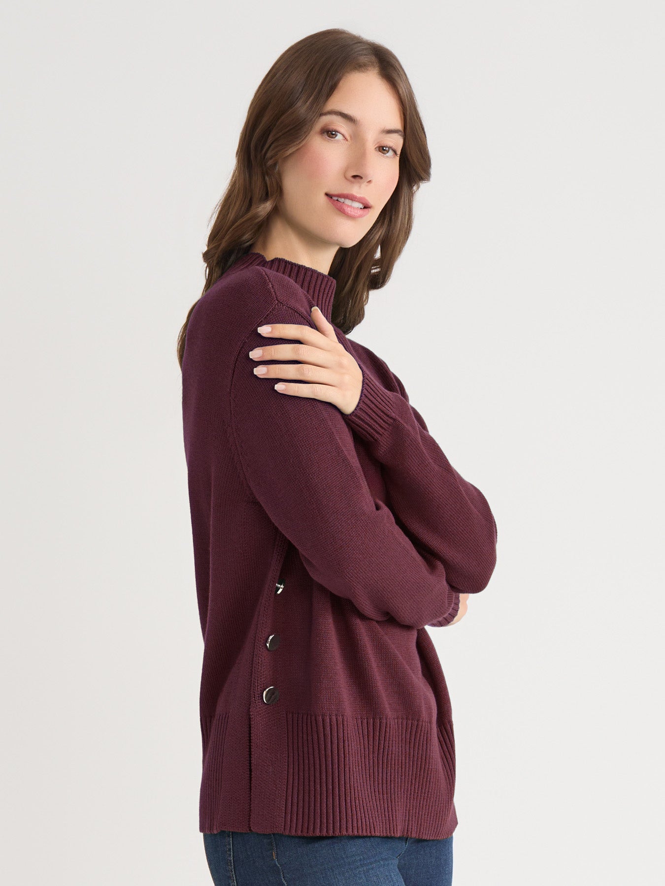 Side Button Sweater Mock Neck Sweater