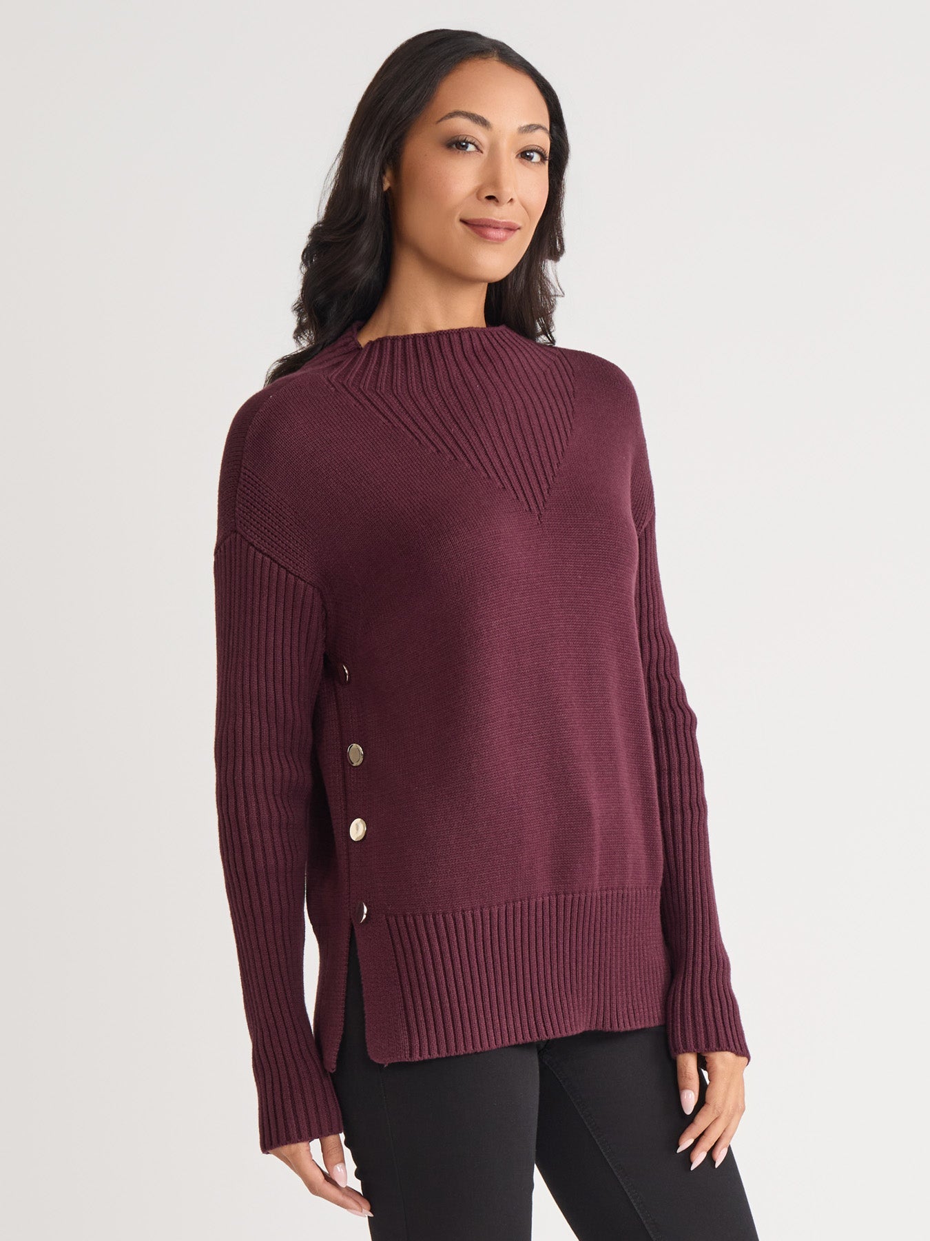 Side Button Sweater Mock Neck Sweater