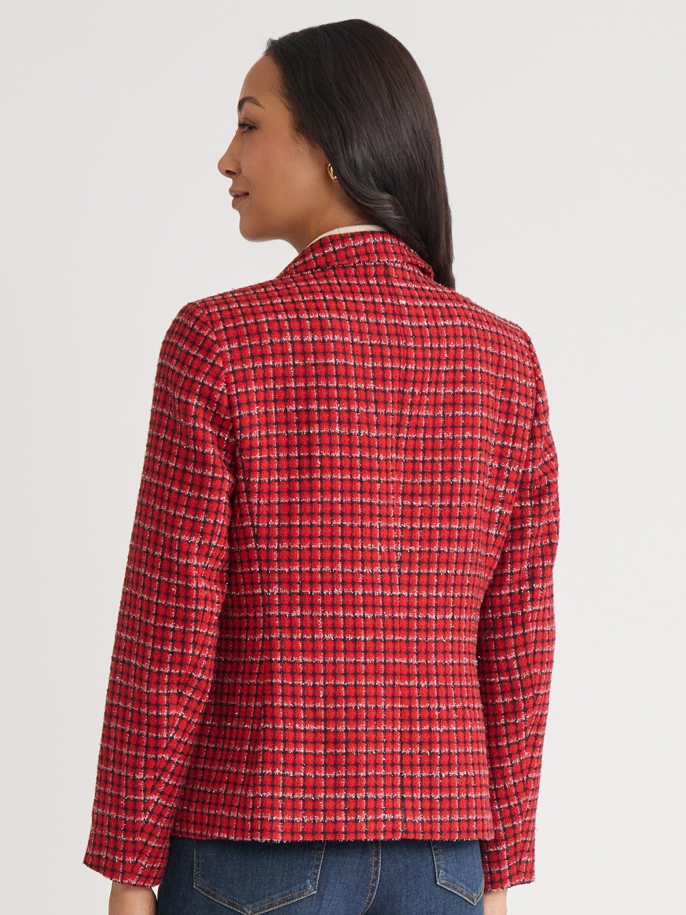 Faux Double Breasted Blazer, Plaid Tweed