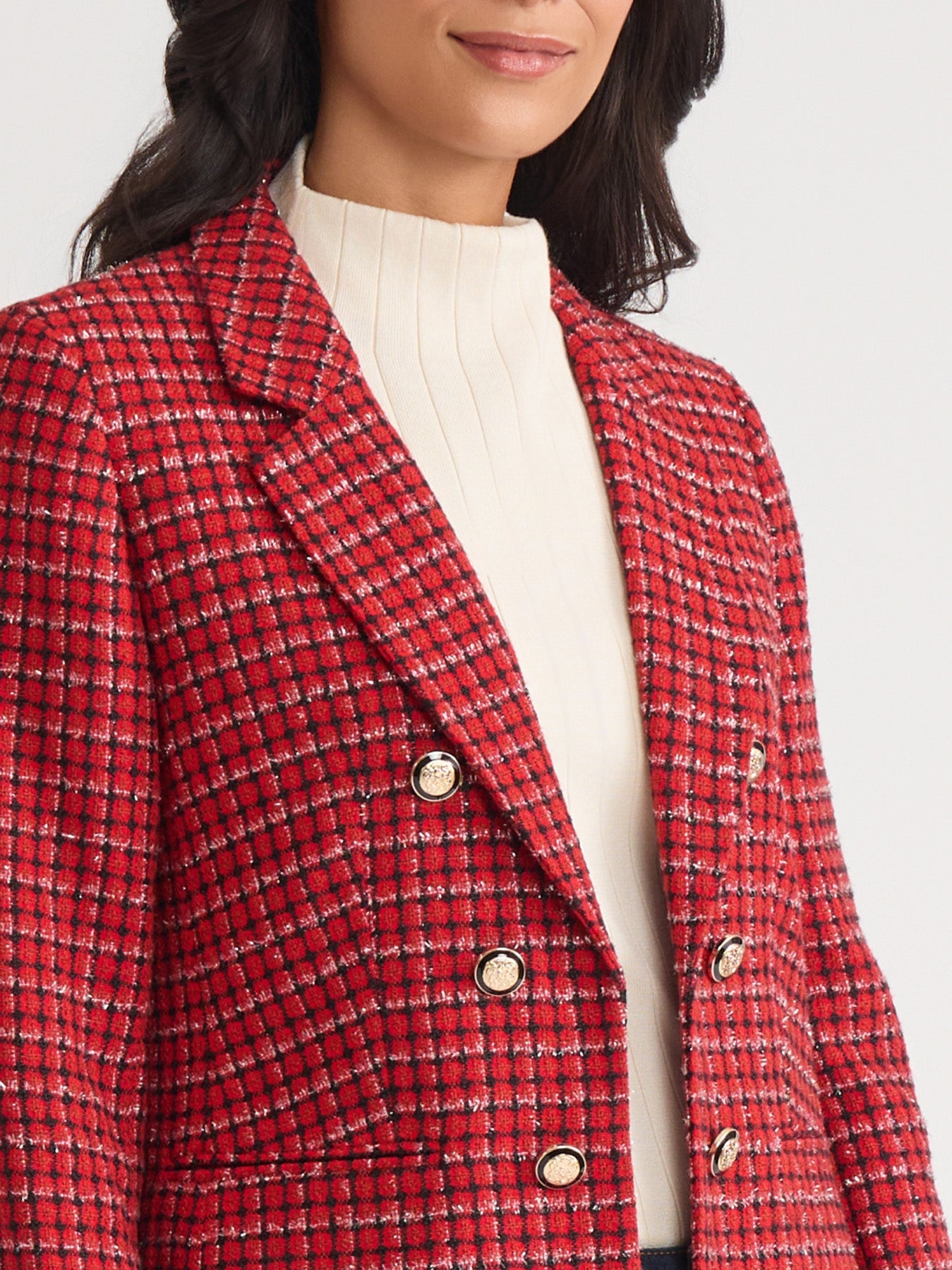 Faux Double Breasted Blazer, Plaid Tweed