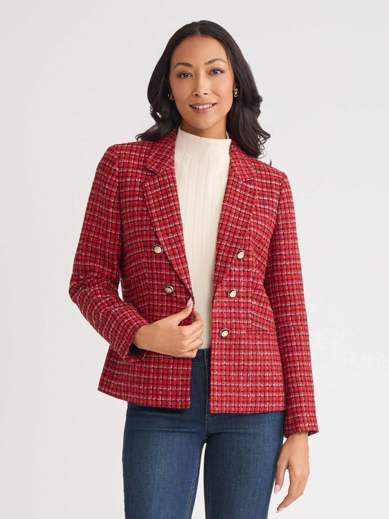 Faux Double Breasted Blazer, Plaid Tweed
