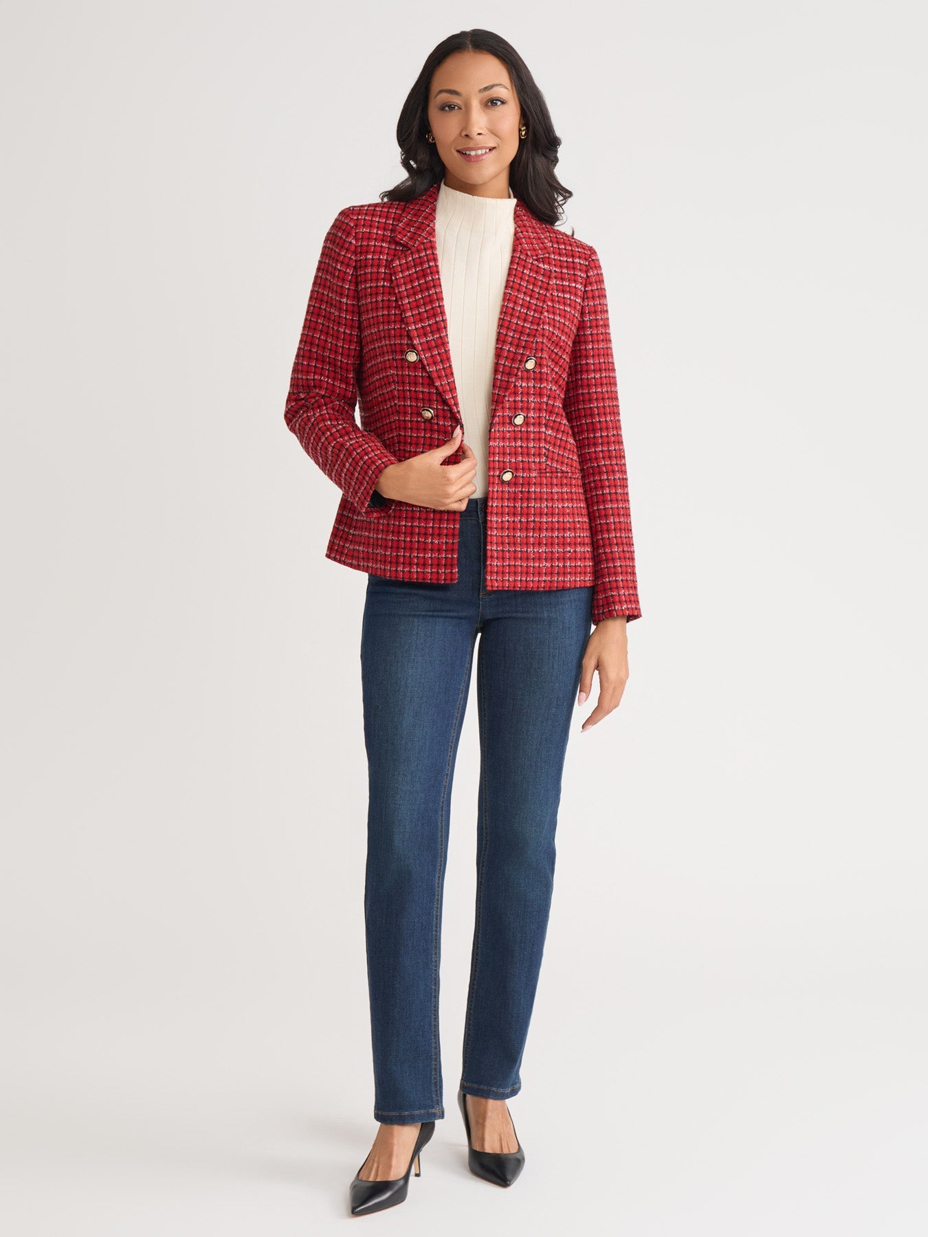 Faux Double Breasted Blazer, Plaid Tweed