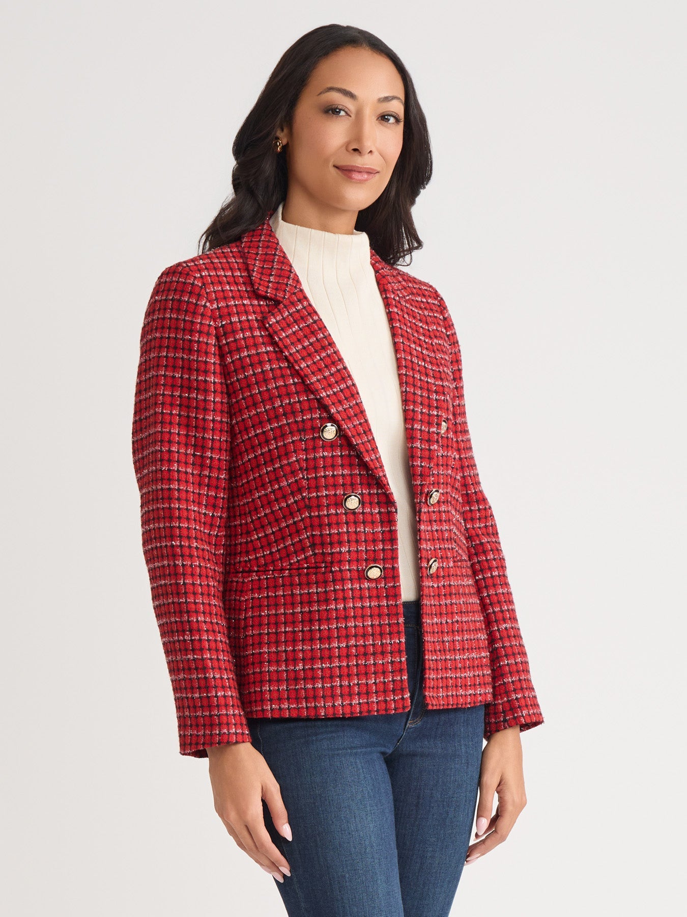 Faux Double Breasted Blazer, Plaid Tweed