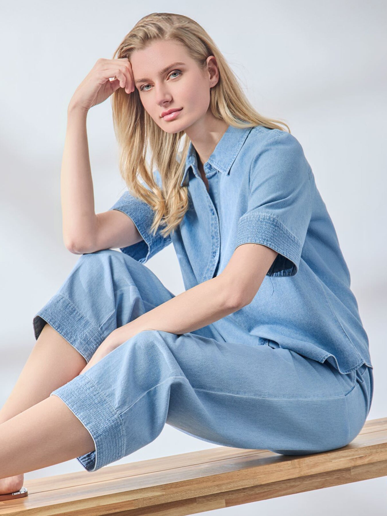 Short Sleeve Button Front Top, Chambray