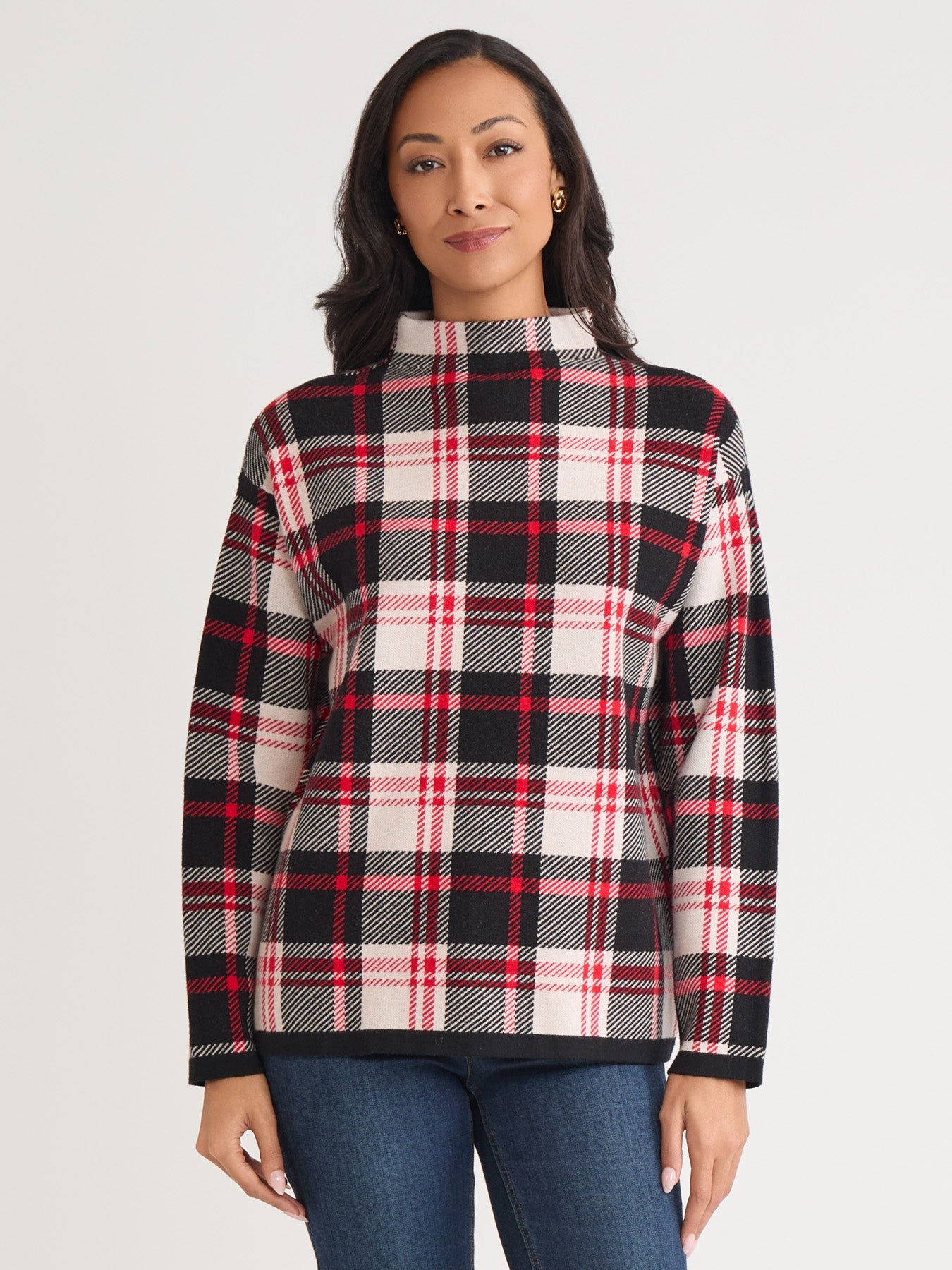 Plaid Funnel Neck Sweater