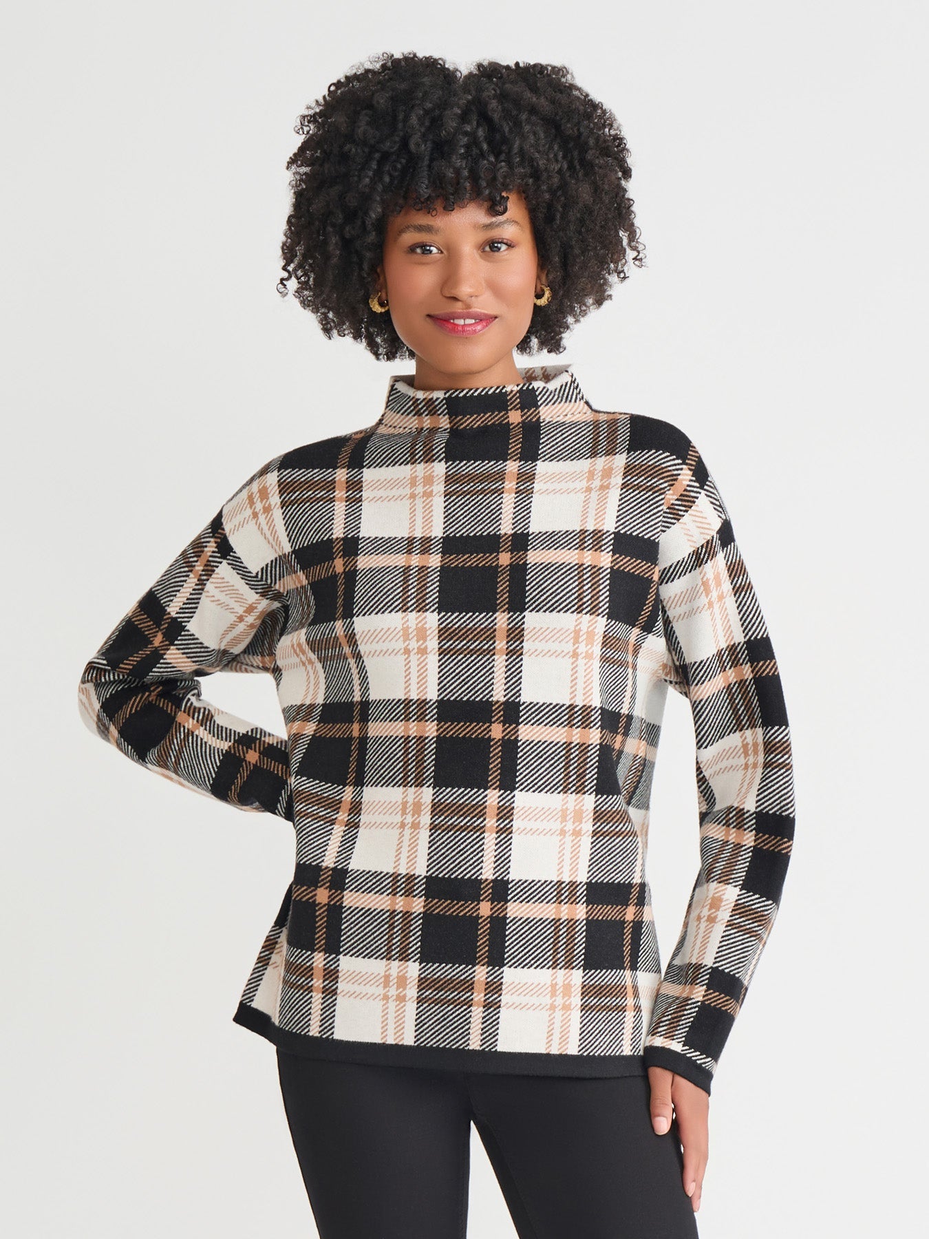 Plaid Funnel Neck Sweater