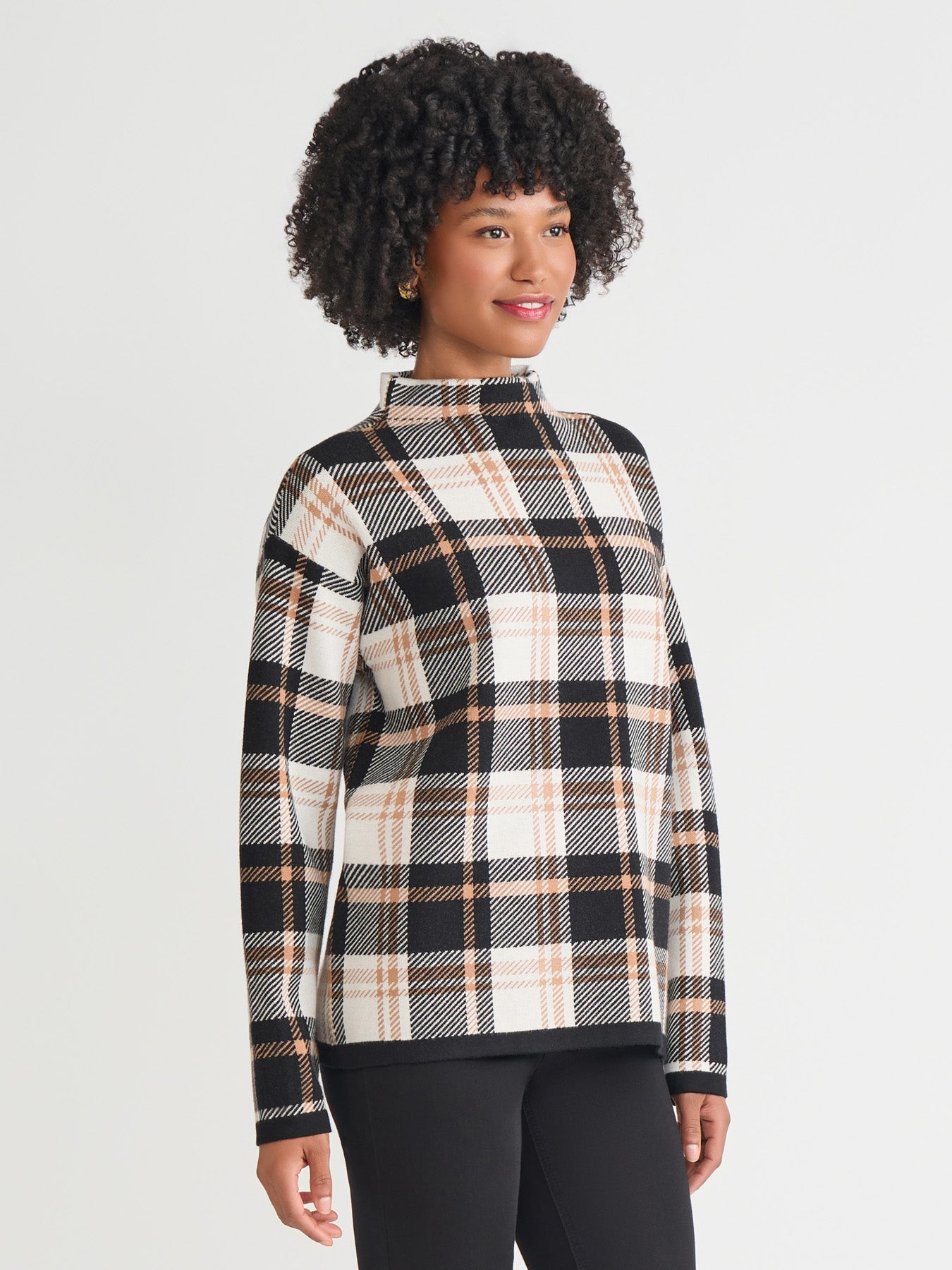 Plaid Funnel Neck Sweater