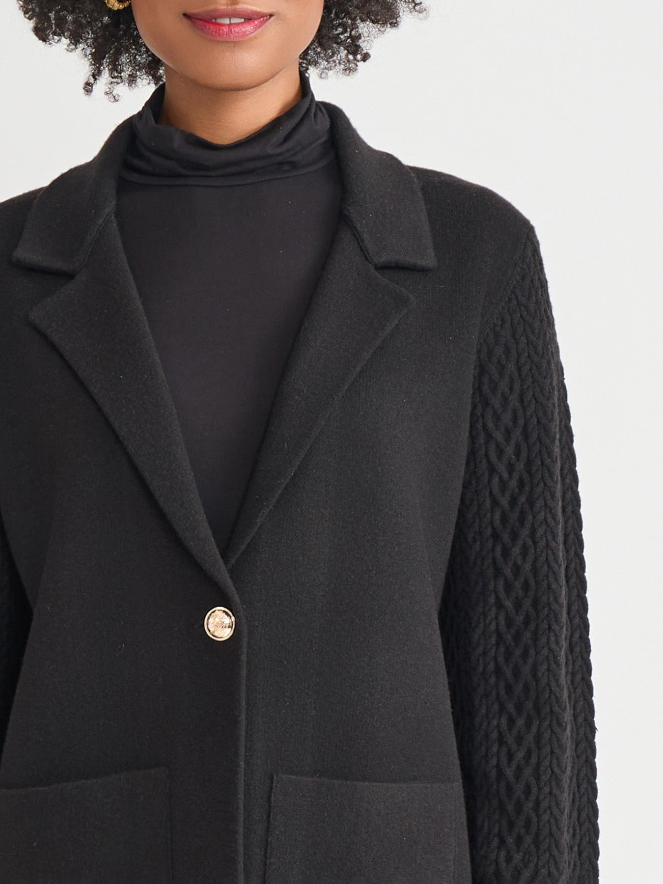 Petite Notch Collar Cable Knit Sleeve Blazer