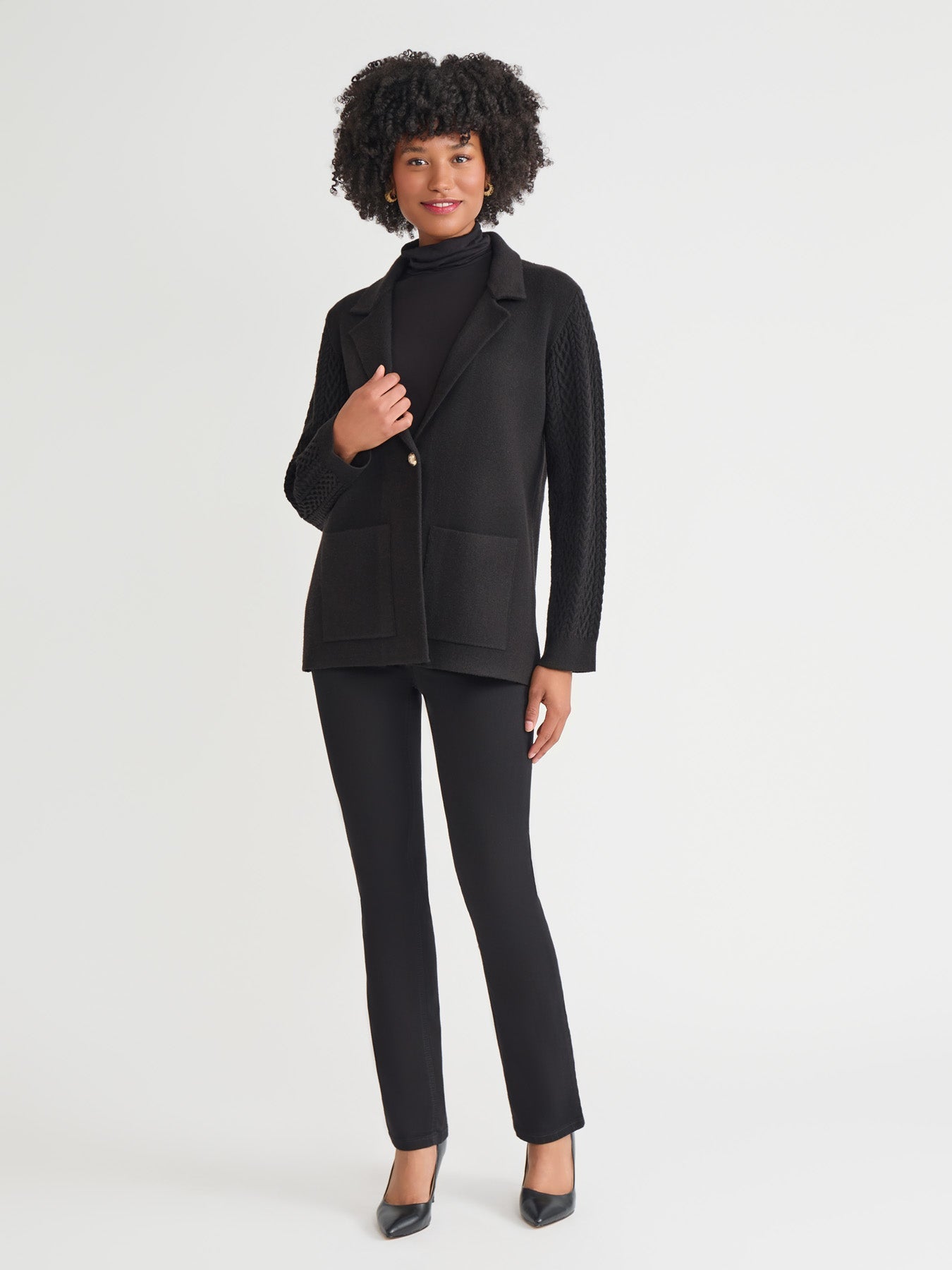 Notch Collar Cable Knit Sleeve Blazer