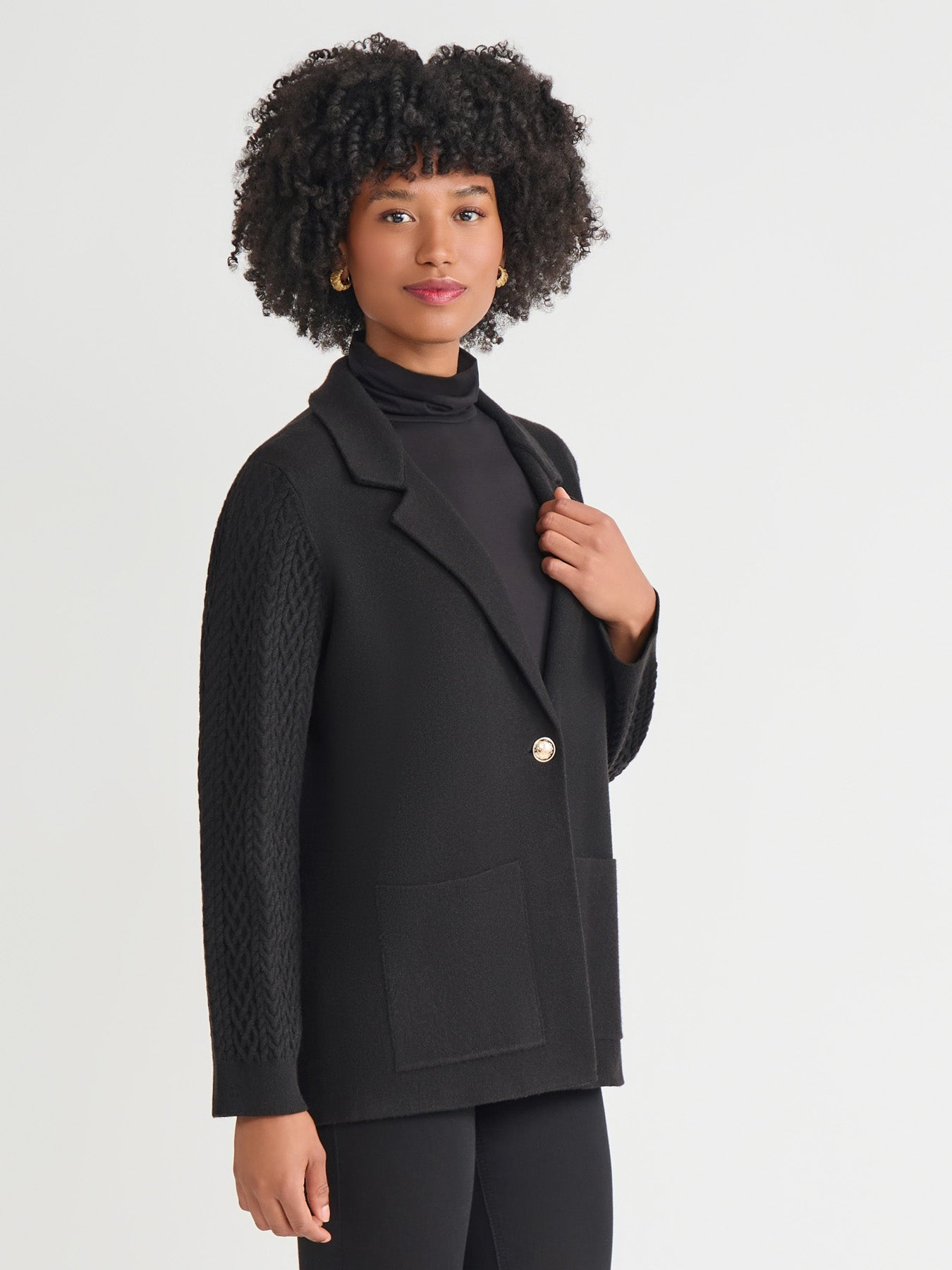 Petite Notch Collar Cable Knit Sleeve Blazer