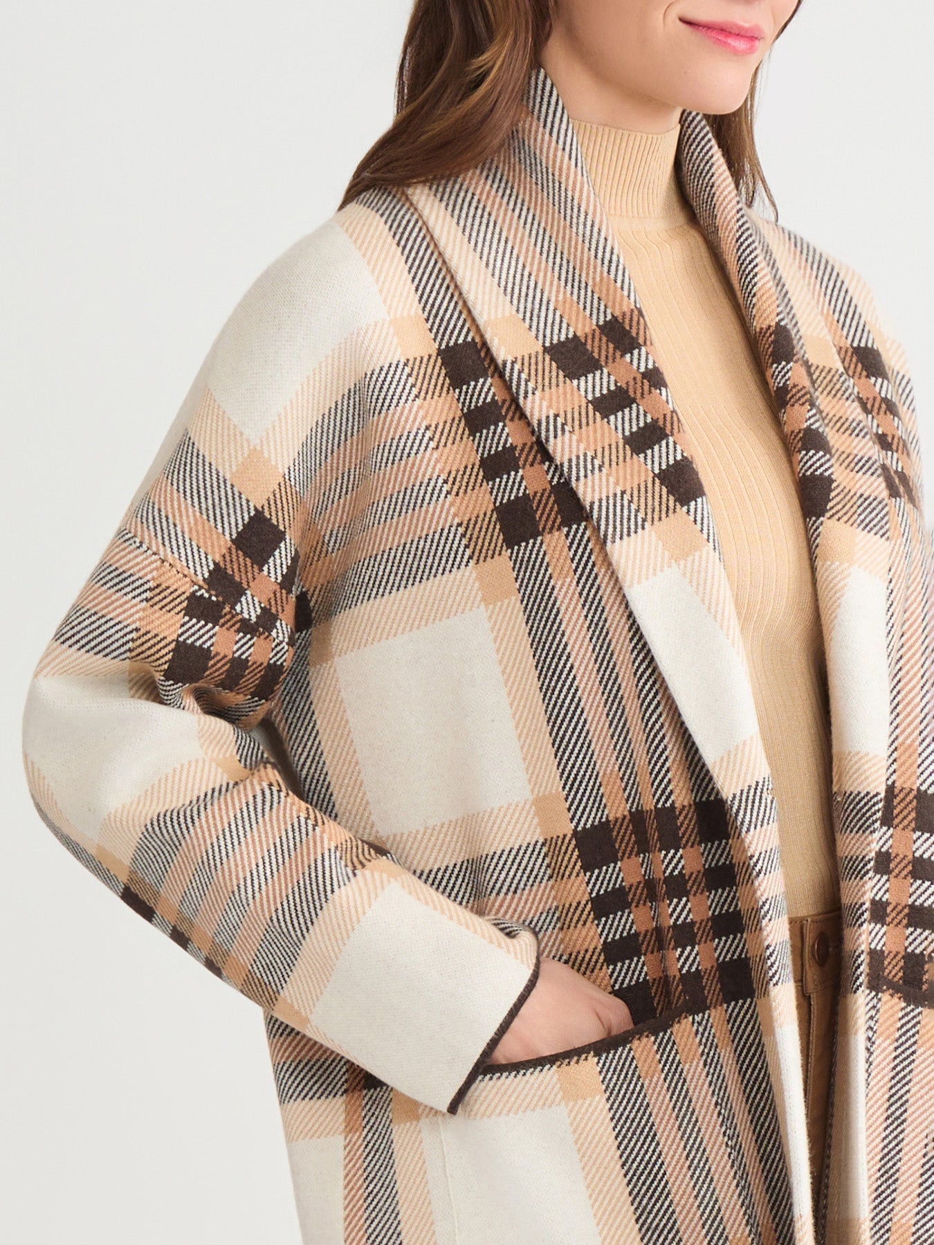 Plus Wide Lapel Plaid Coatigan