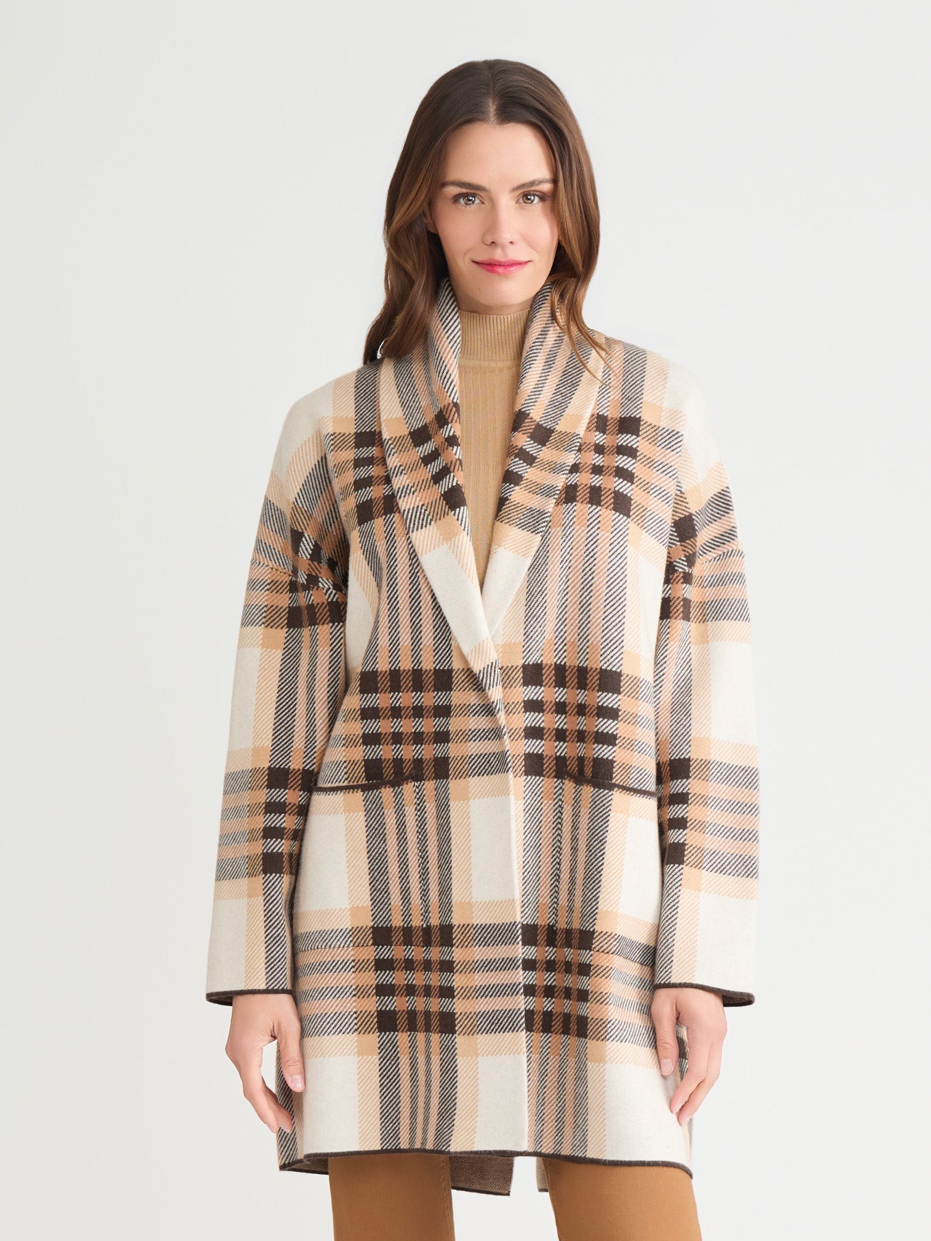 Plus Wide Lapel Plaid Coatigan