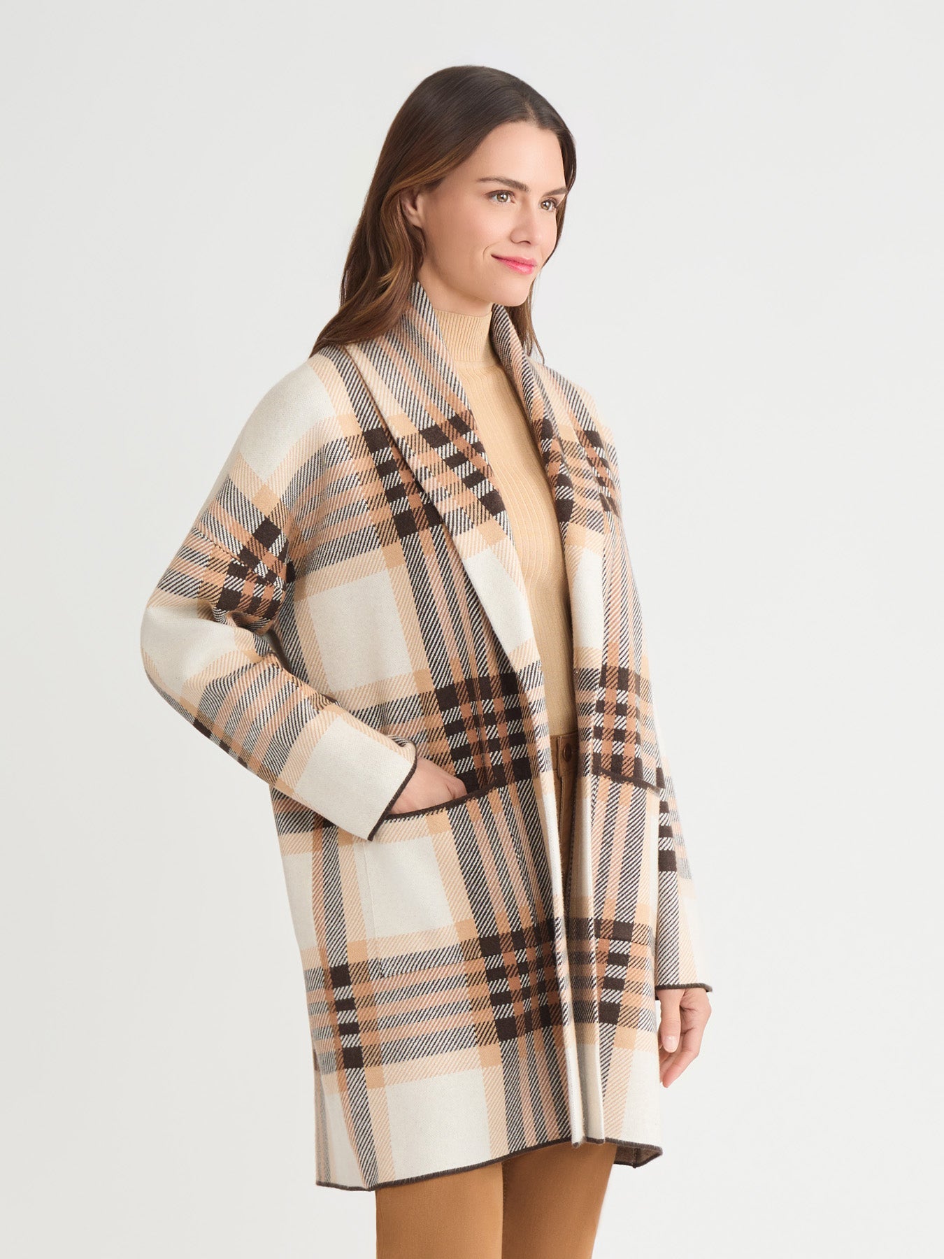 Plus Wide Lapel Plaid Coatigan