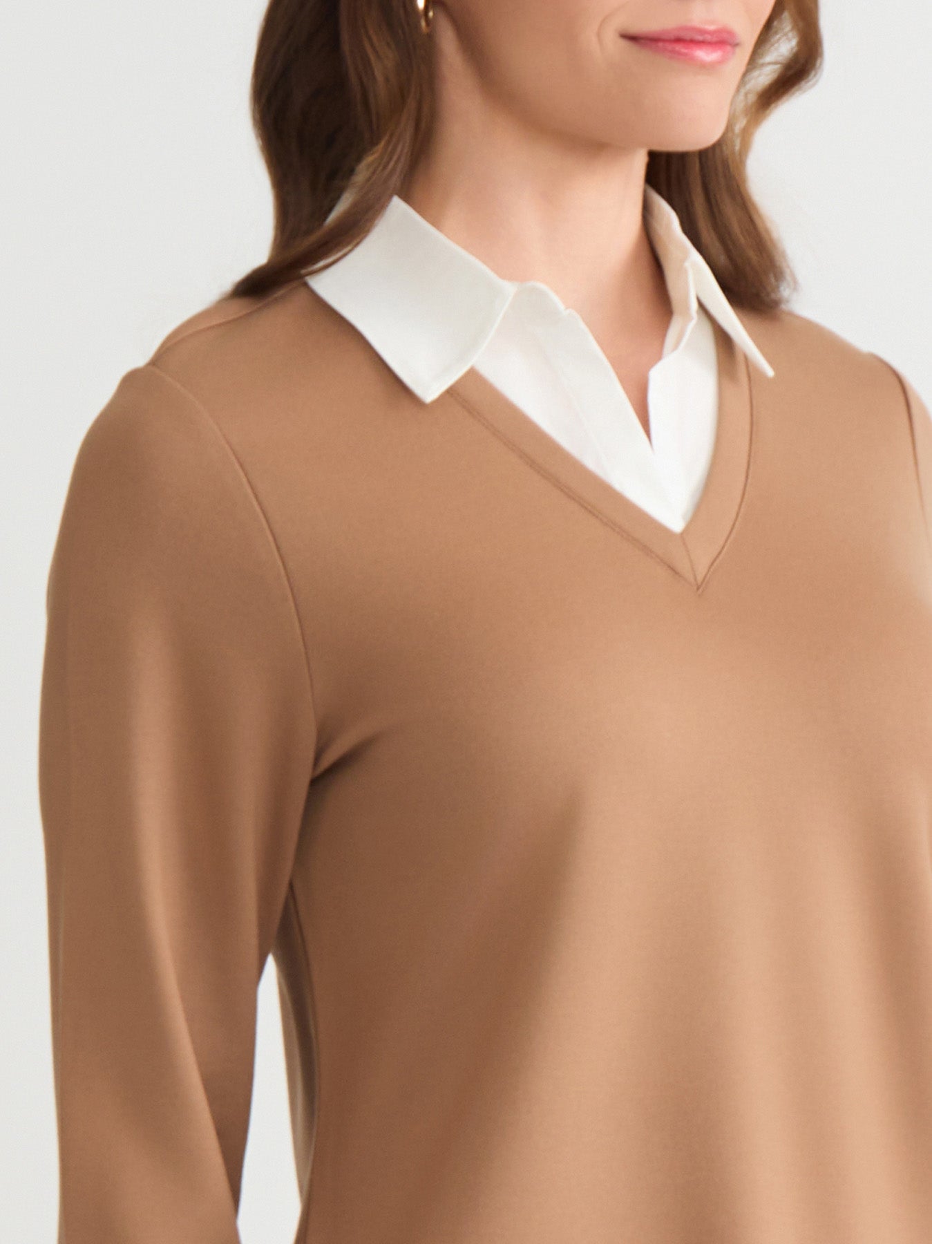 Petite Collared Shirt V-Neck Two-Fer Top, Serenity Knit