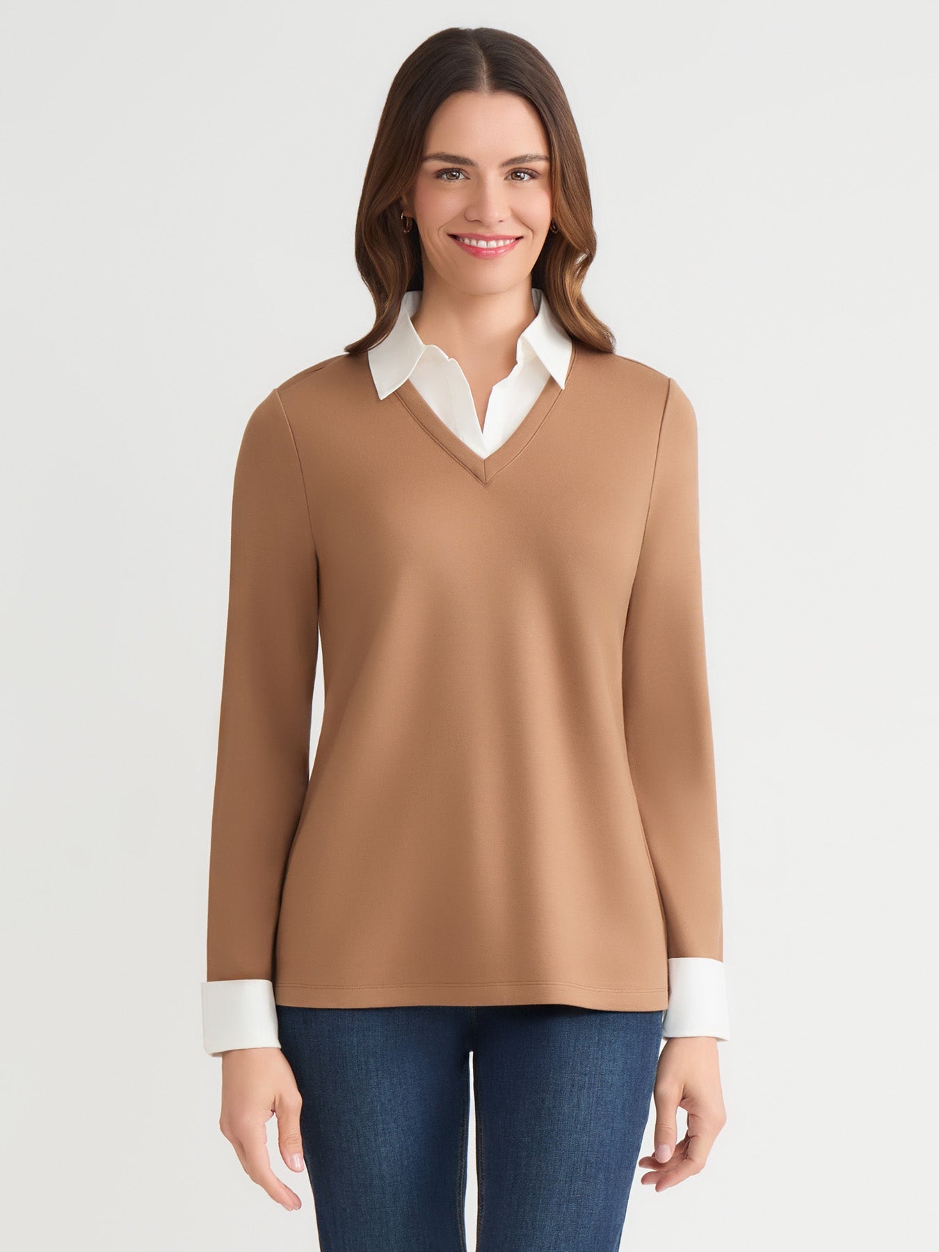 Petite Collared Shirt V-Neck Two-Fer Top, Serenity Knit