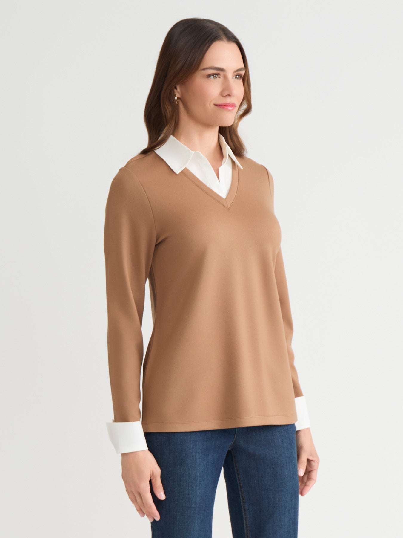 Plus Collared Shirt V-Neck Two-Fer Top, Serenity Knit