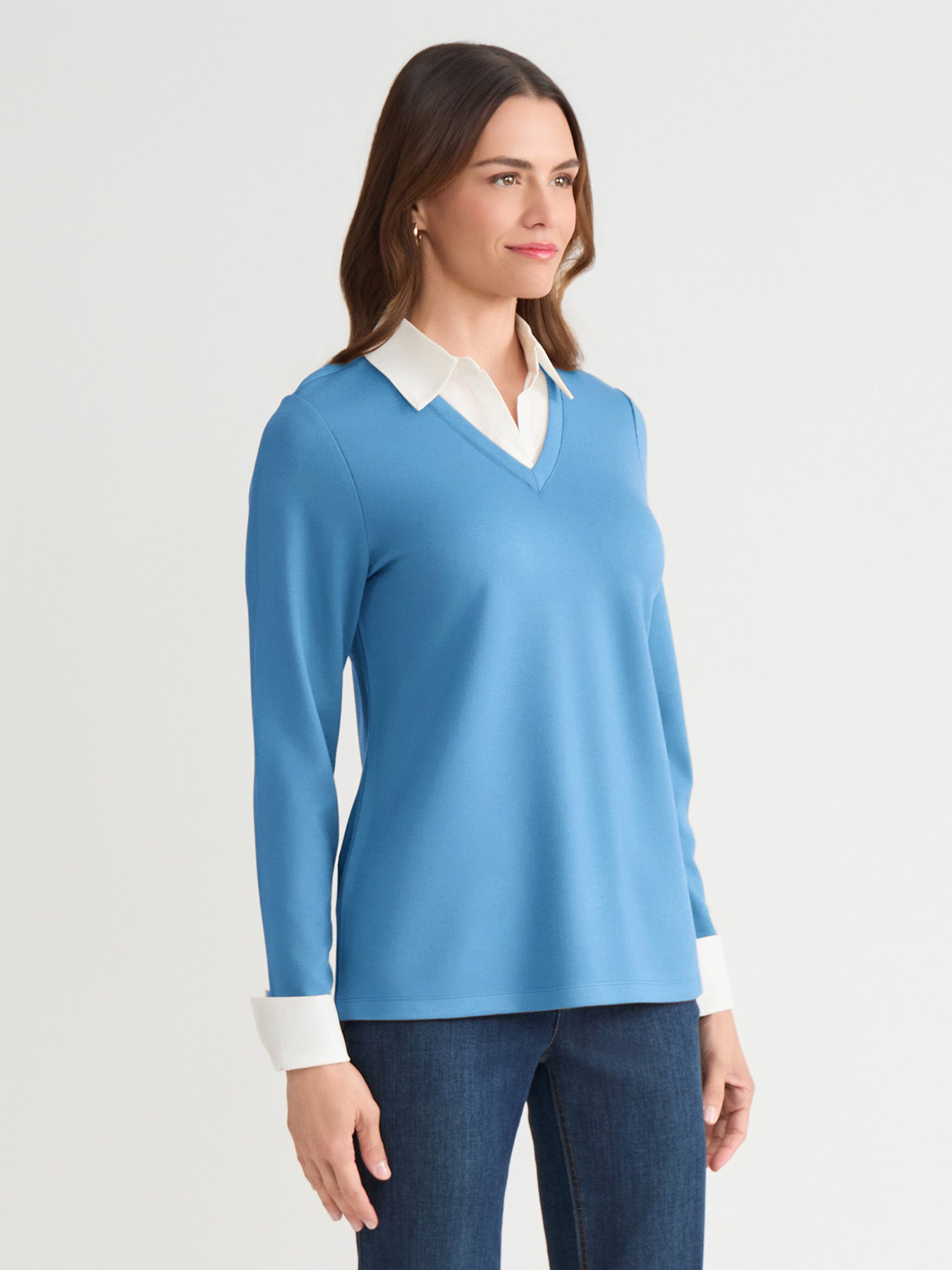V-Neck Twofer, Serenity Knit Poplin