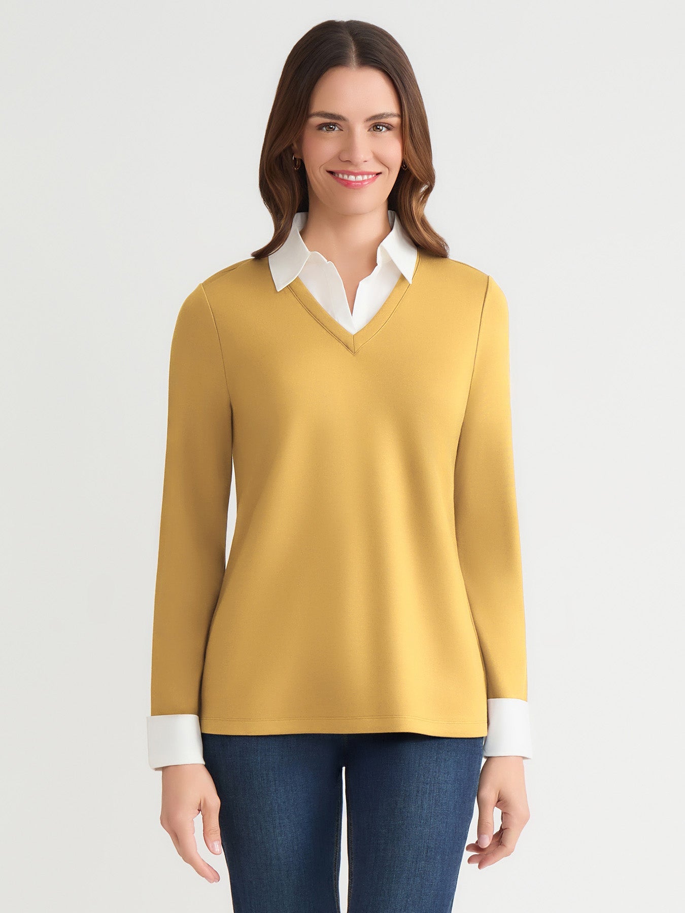 V-Neck Twofer, Serenity Knit Poplin