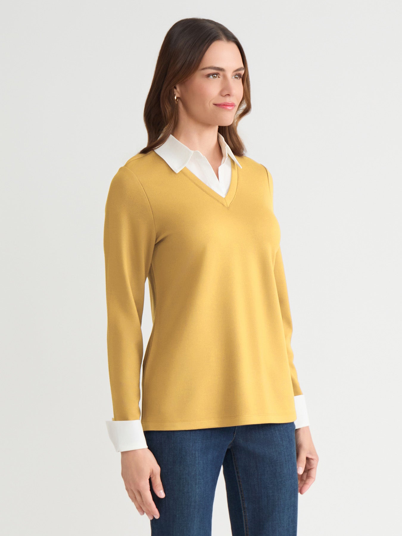 V-Neck Twofer, Serenity Knit Poplin