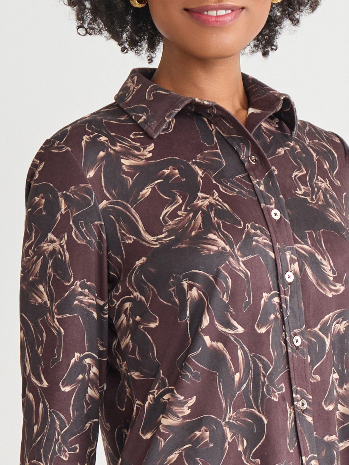 Printed Button Front Shirt, Faux Suede