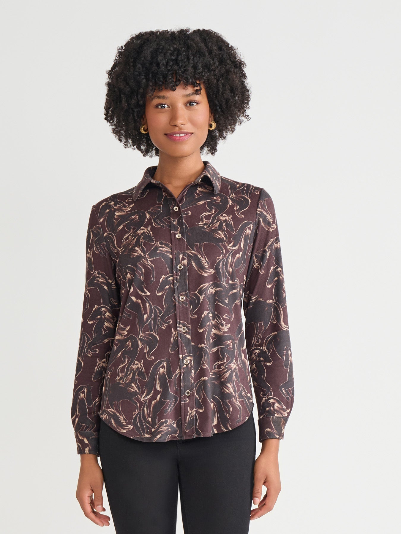 Printed Button Front Shirt, Faux Suede