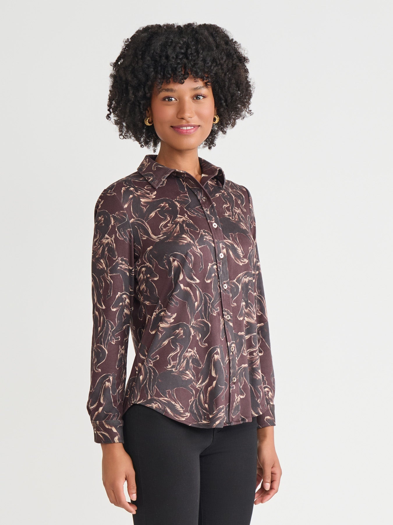 Printed Button Front Shirt, Faux Suede