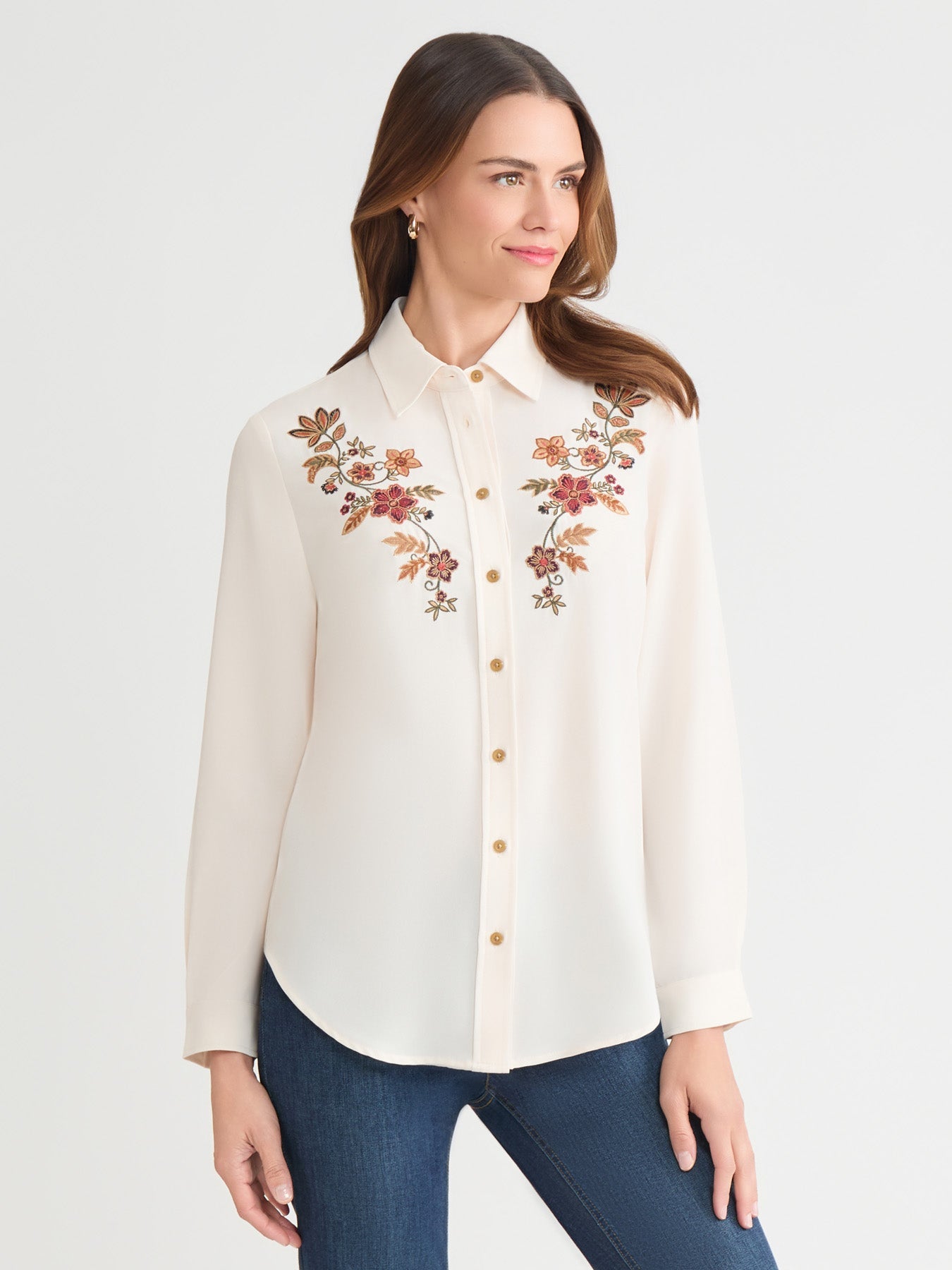 Embroidered Button-Front Shirt, Lyocell