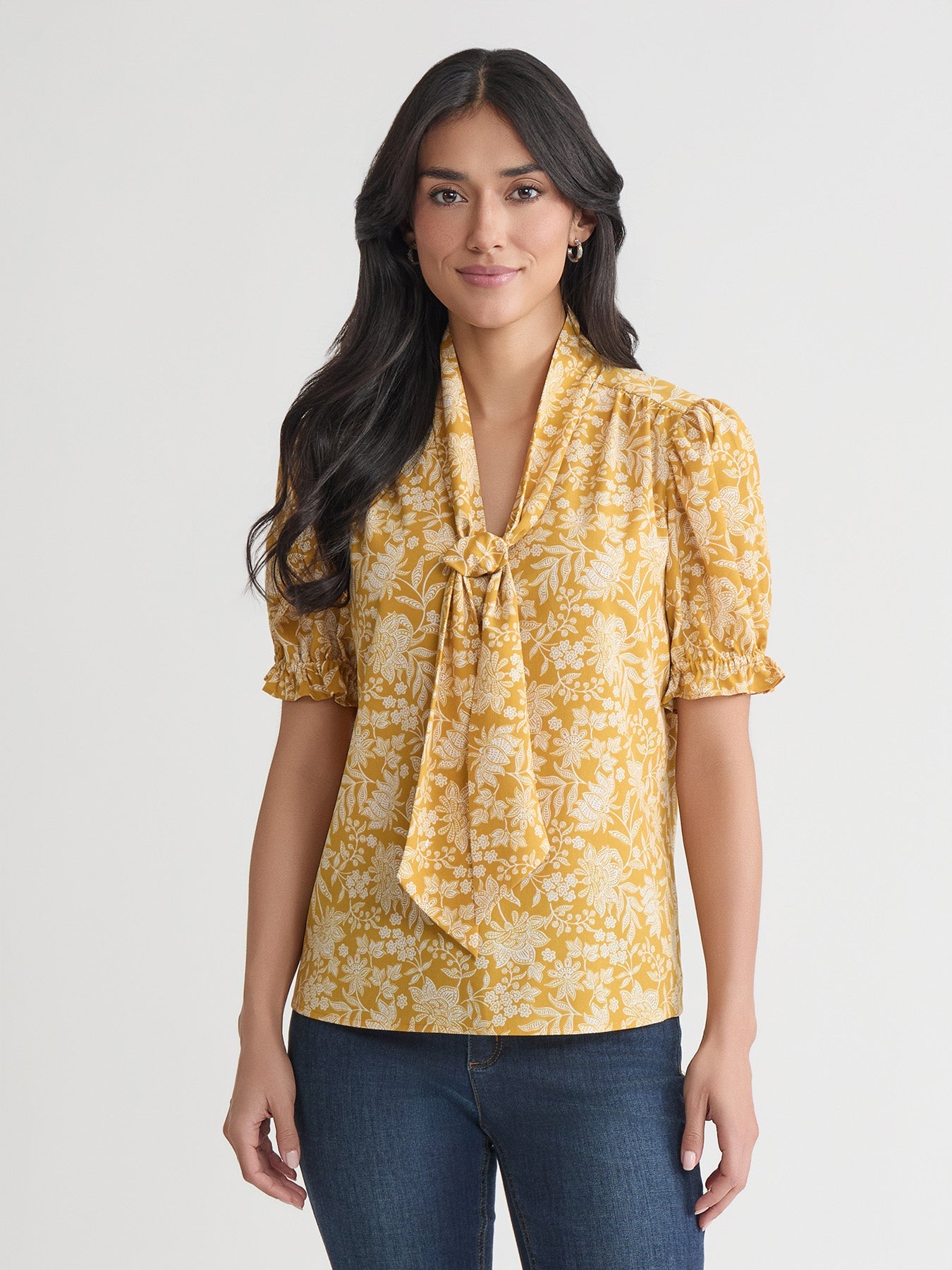 Tie Neck Shirt, Printed Crepe de Chine