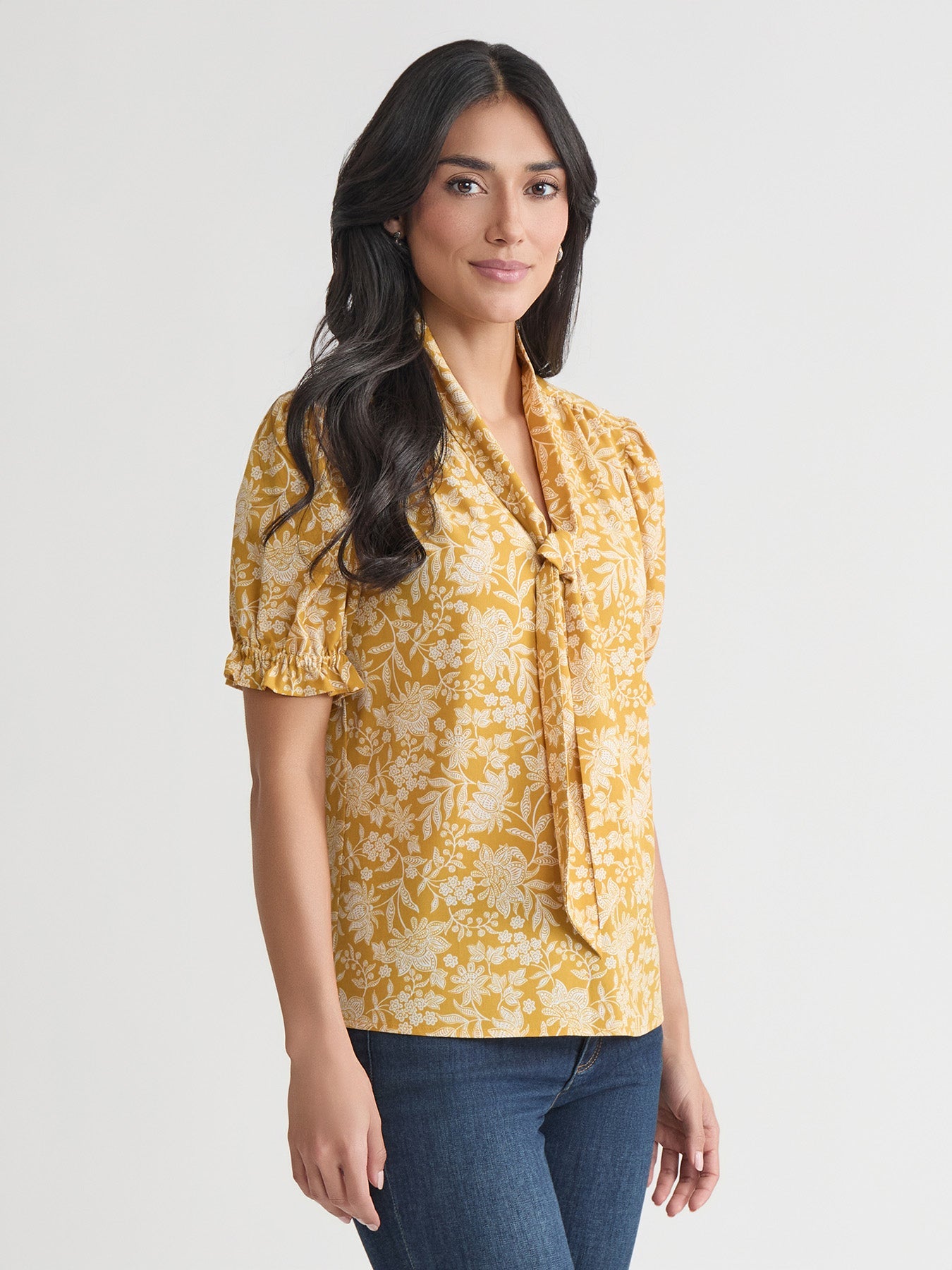 Tie Neck Shirt, Printed Crepe de Chine