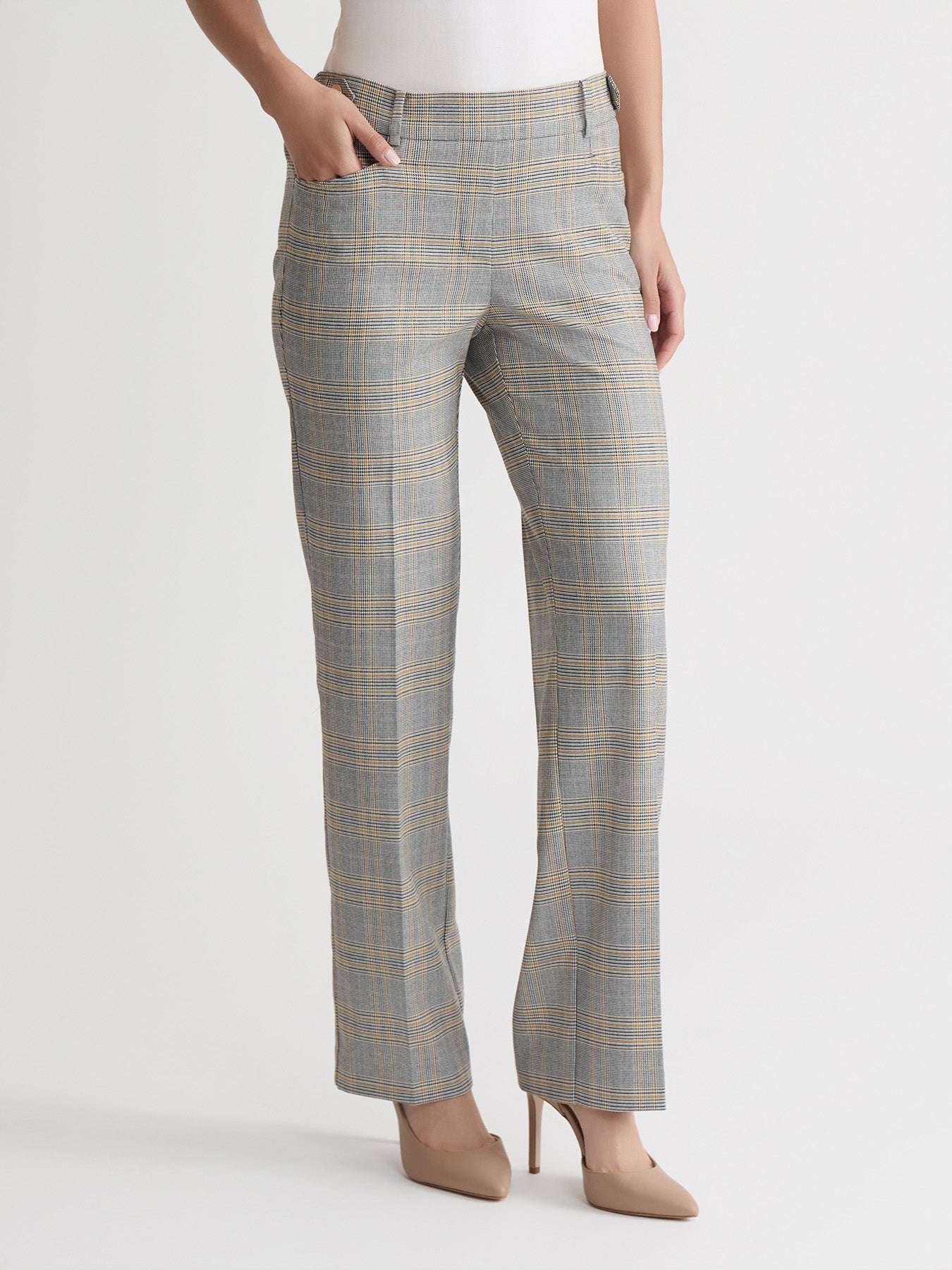 Petite Pull On Button Tab Trouser, Glen Plaid