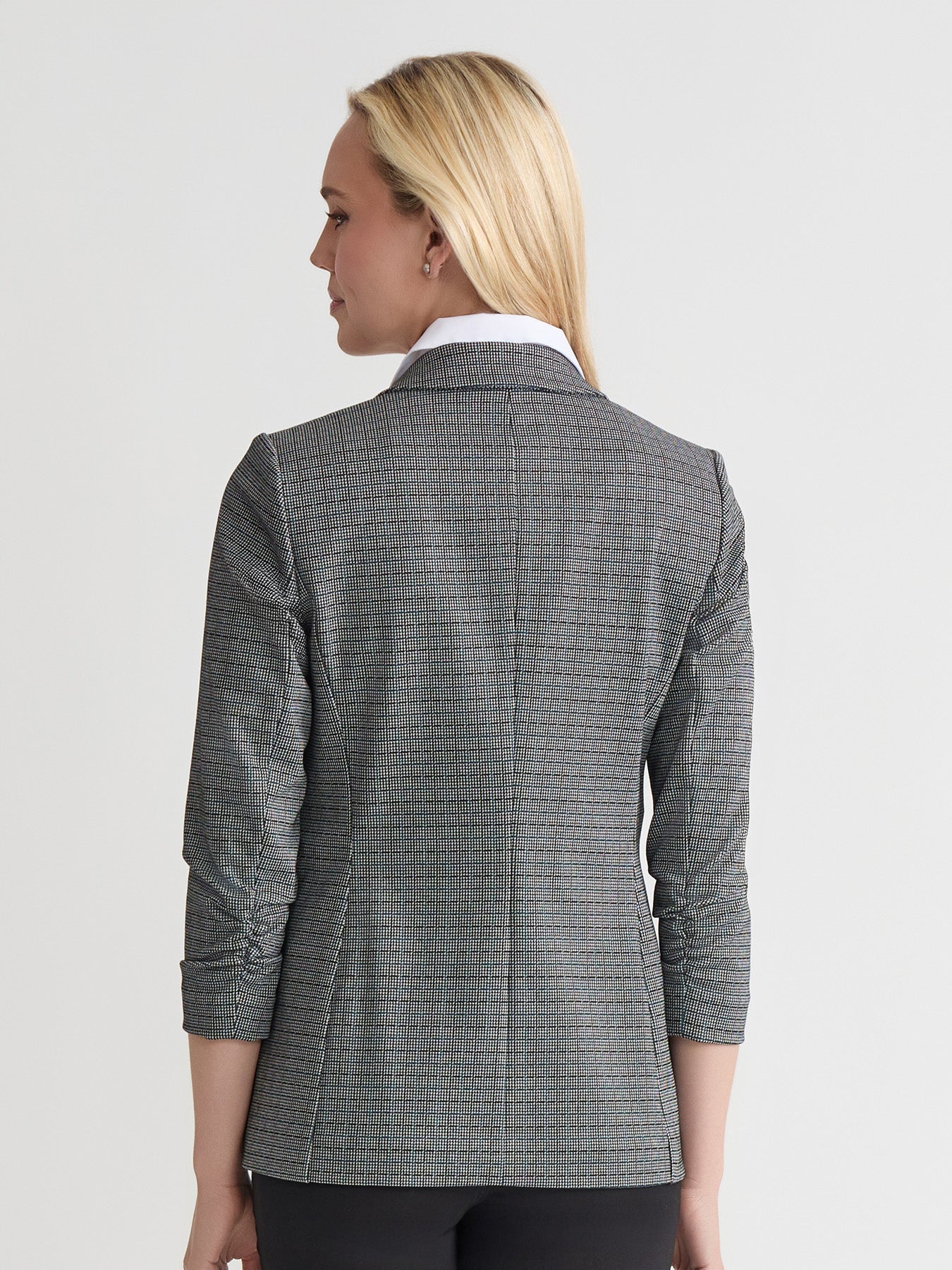 Rouched Sleeve Notch Collar Jacket, Check Jacquard