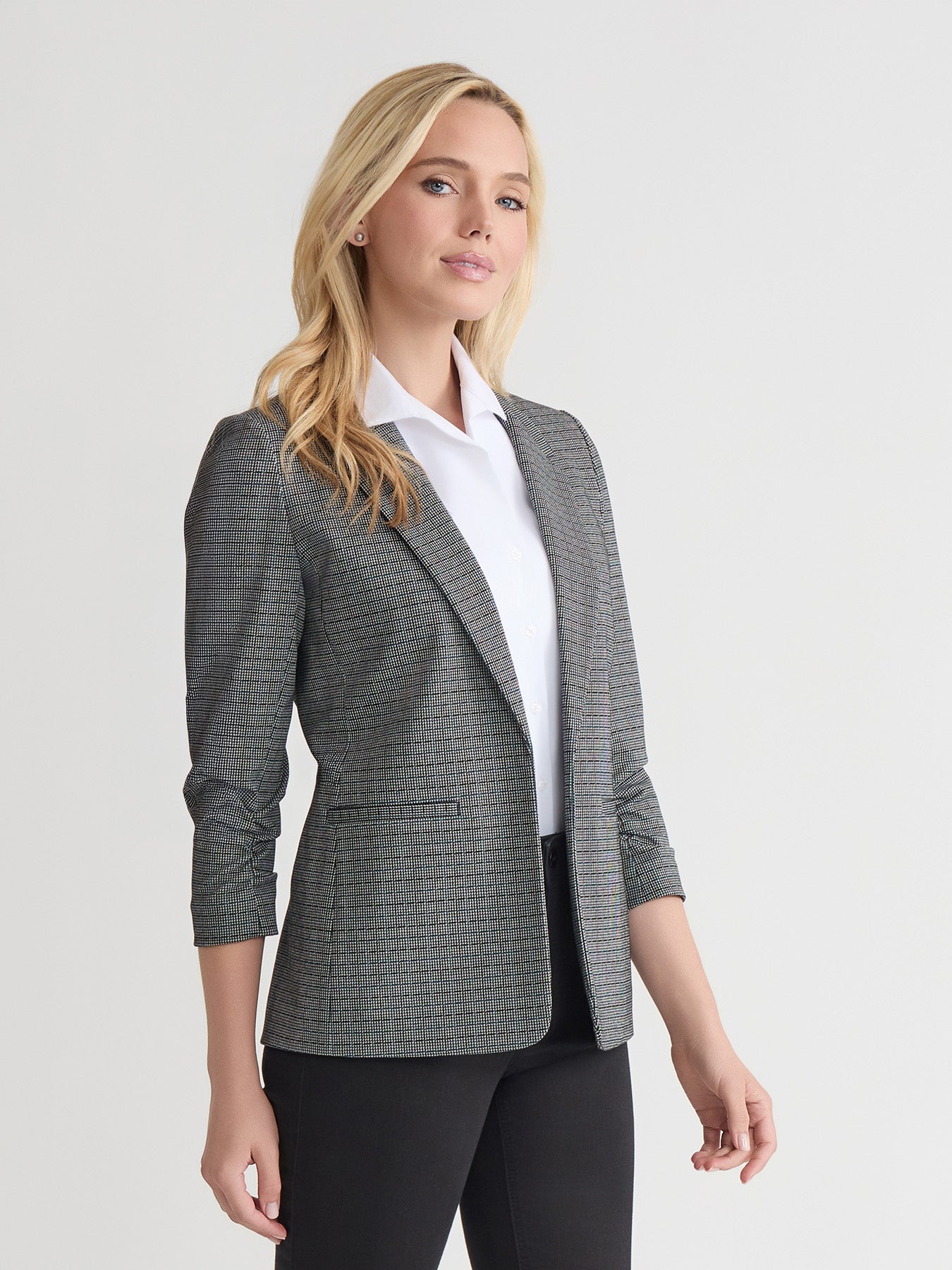 Rouched Sleeve Notch Collar Jacket, Check Jacquard