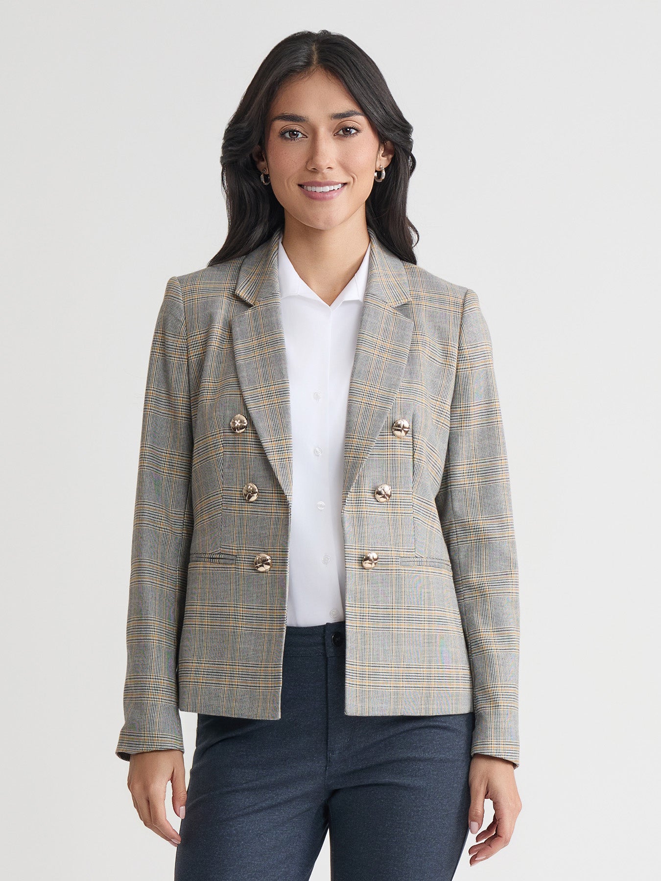 Faux Double Breasted Jacket, Glen Plaid