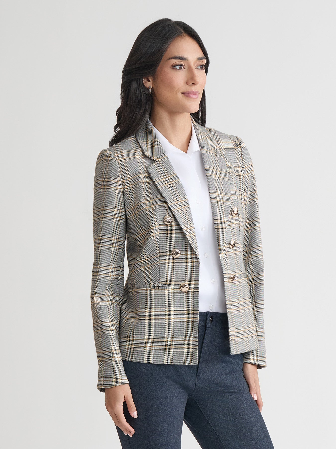 Faux Double Breasted Jacket, Glen Plaid