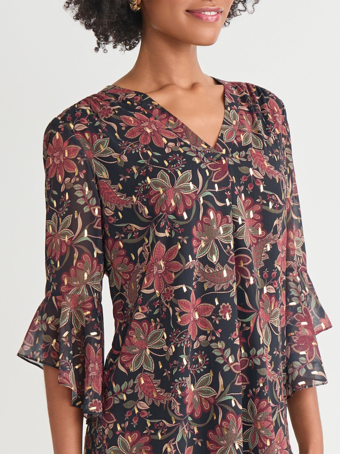 Plus Flutter Sleeve Shimmer Print Blouse