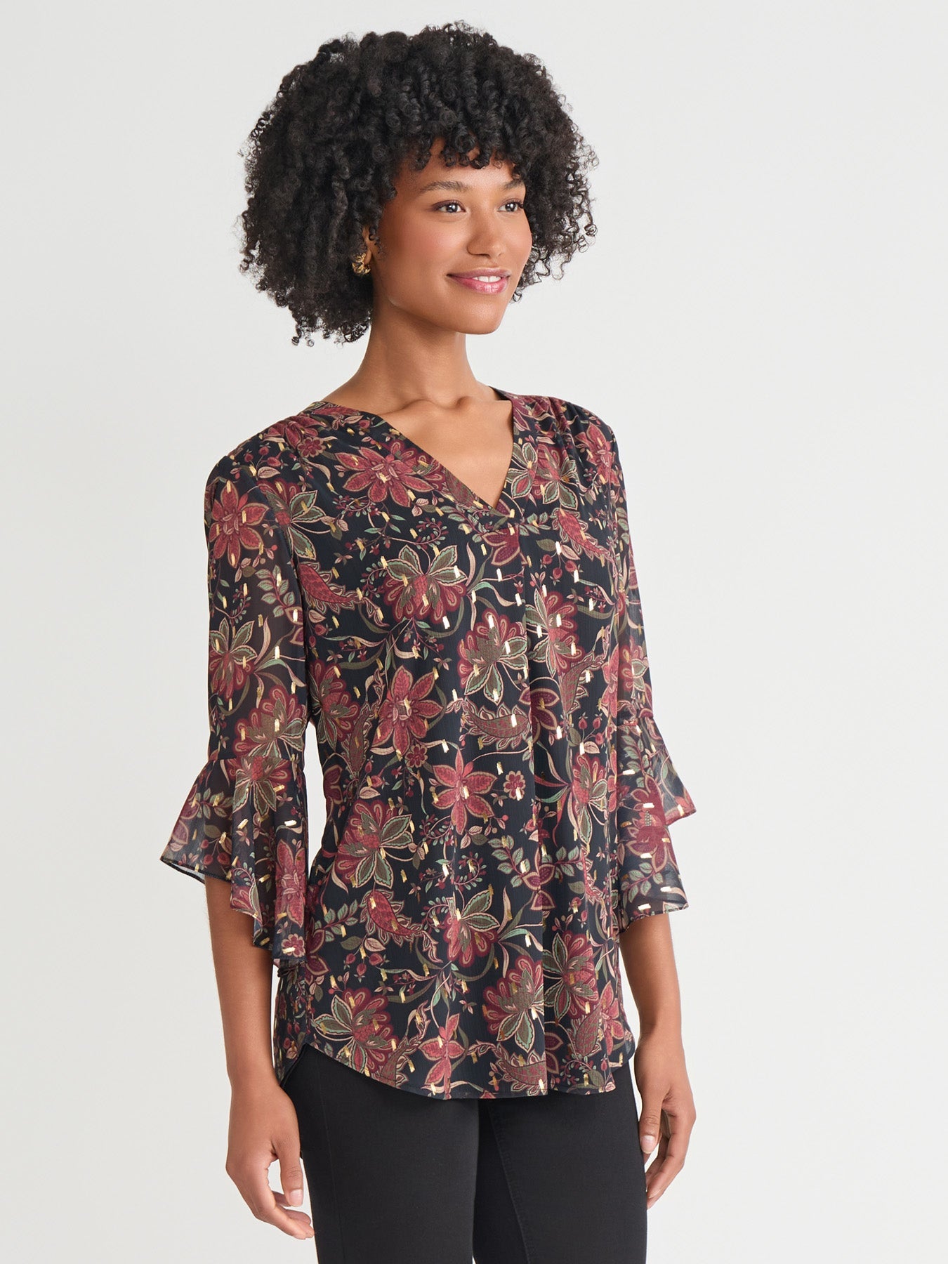 Plus Flutter Sleeve Shimmer Print Blouse