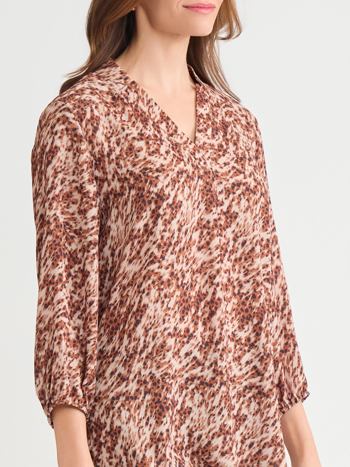 Printed V-Neck Pleated Kelly Blouse, Chiffon