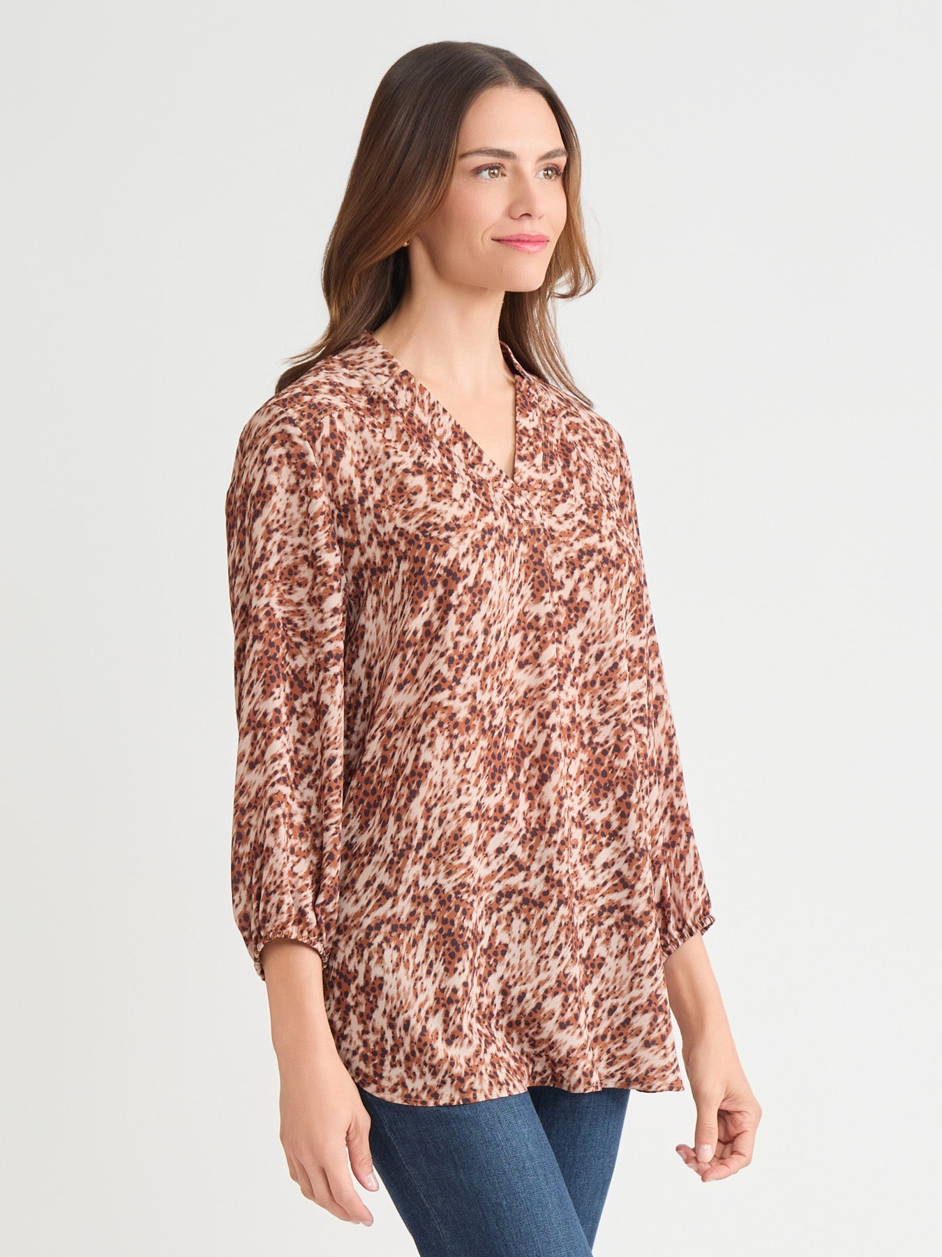 Printed V-Neck Pleated Kelly Blouse, Chiffon
