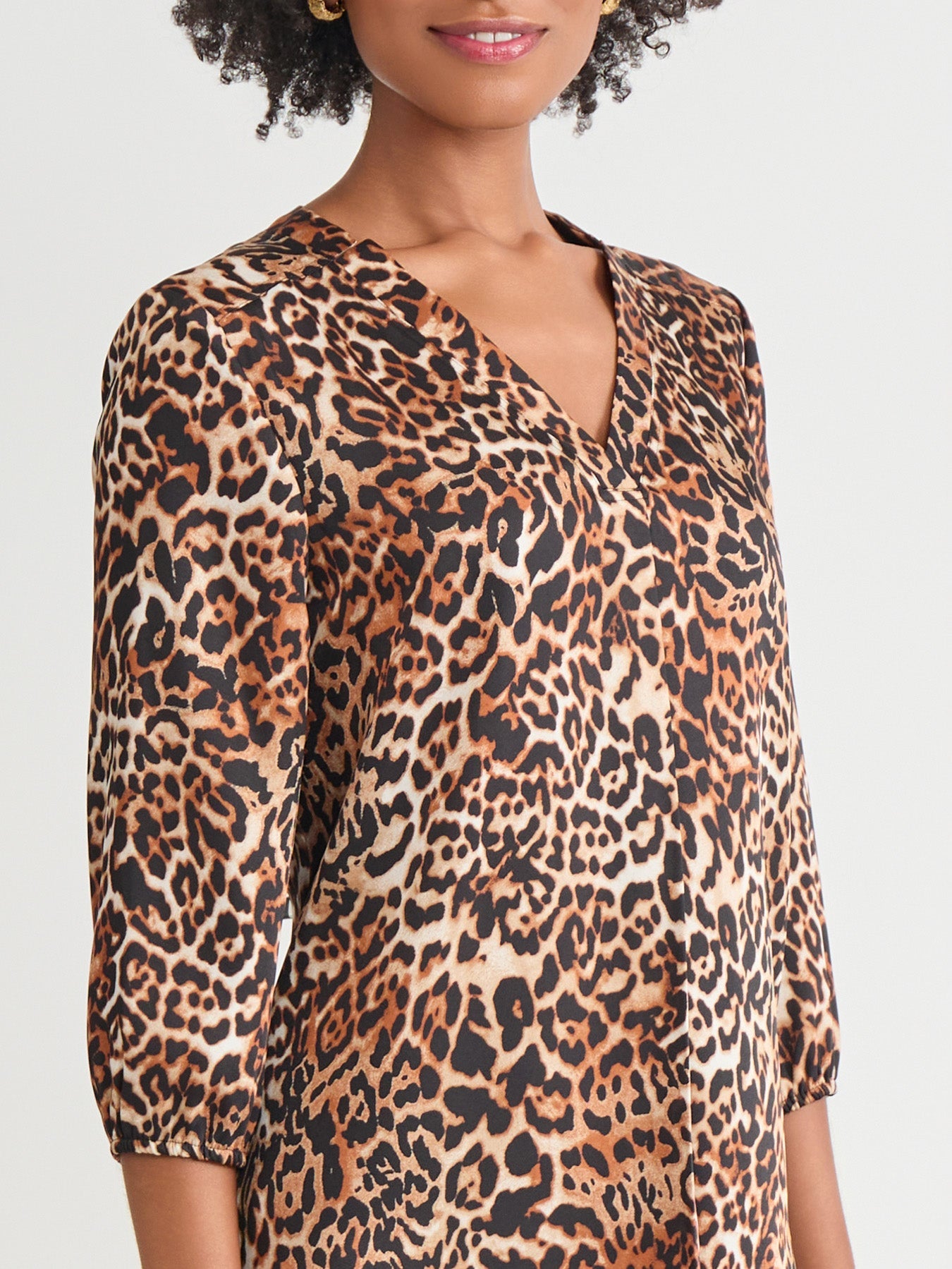 Printed V-Neck Pleated Kelly Blouse, Satin