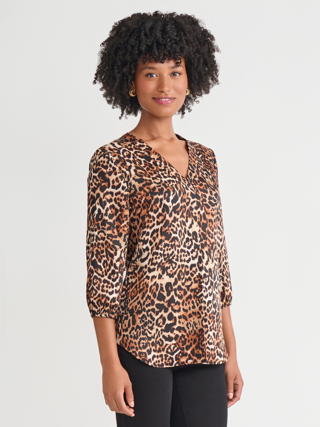 Petite Printed V-Neck Pleated Kelly Blouse, Satin
