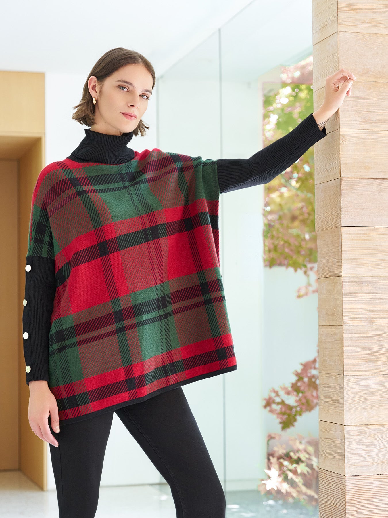 Plus Plaid Turtle Neck Poncho