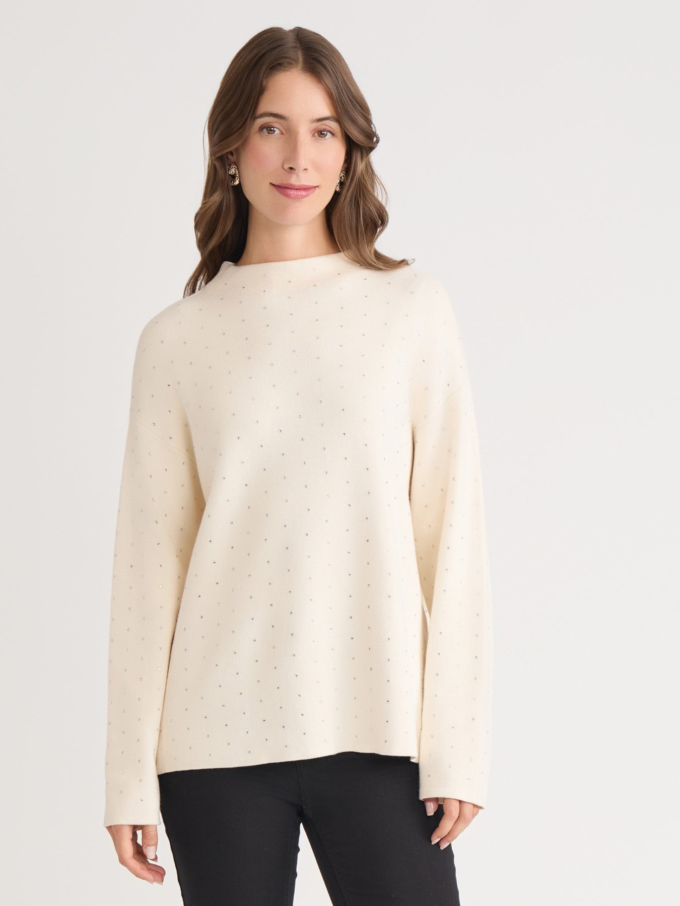 Petite Funnel Neck Studded Accent Sweater