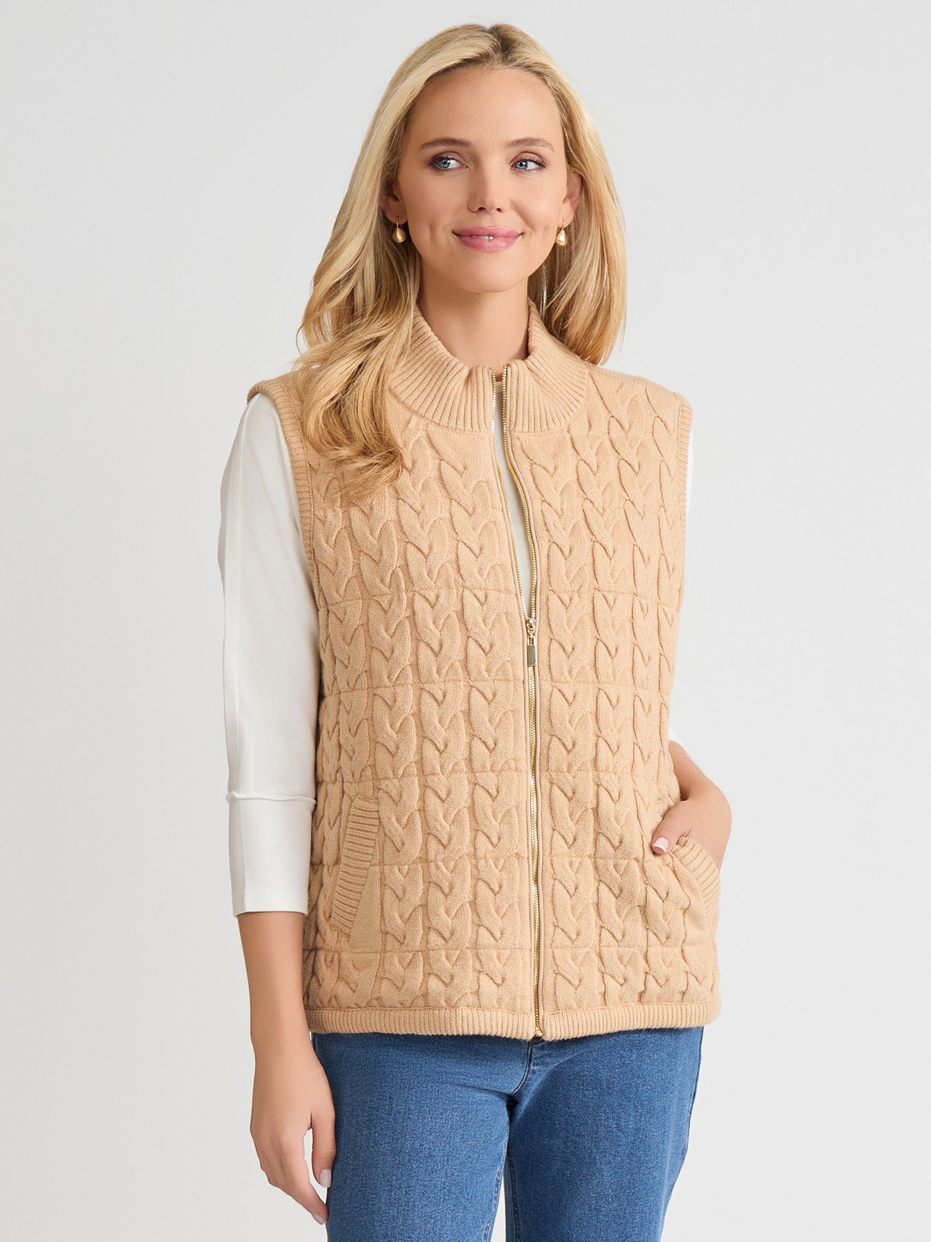 Zip-Front Cable Knit Puffer Vest