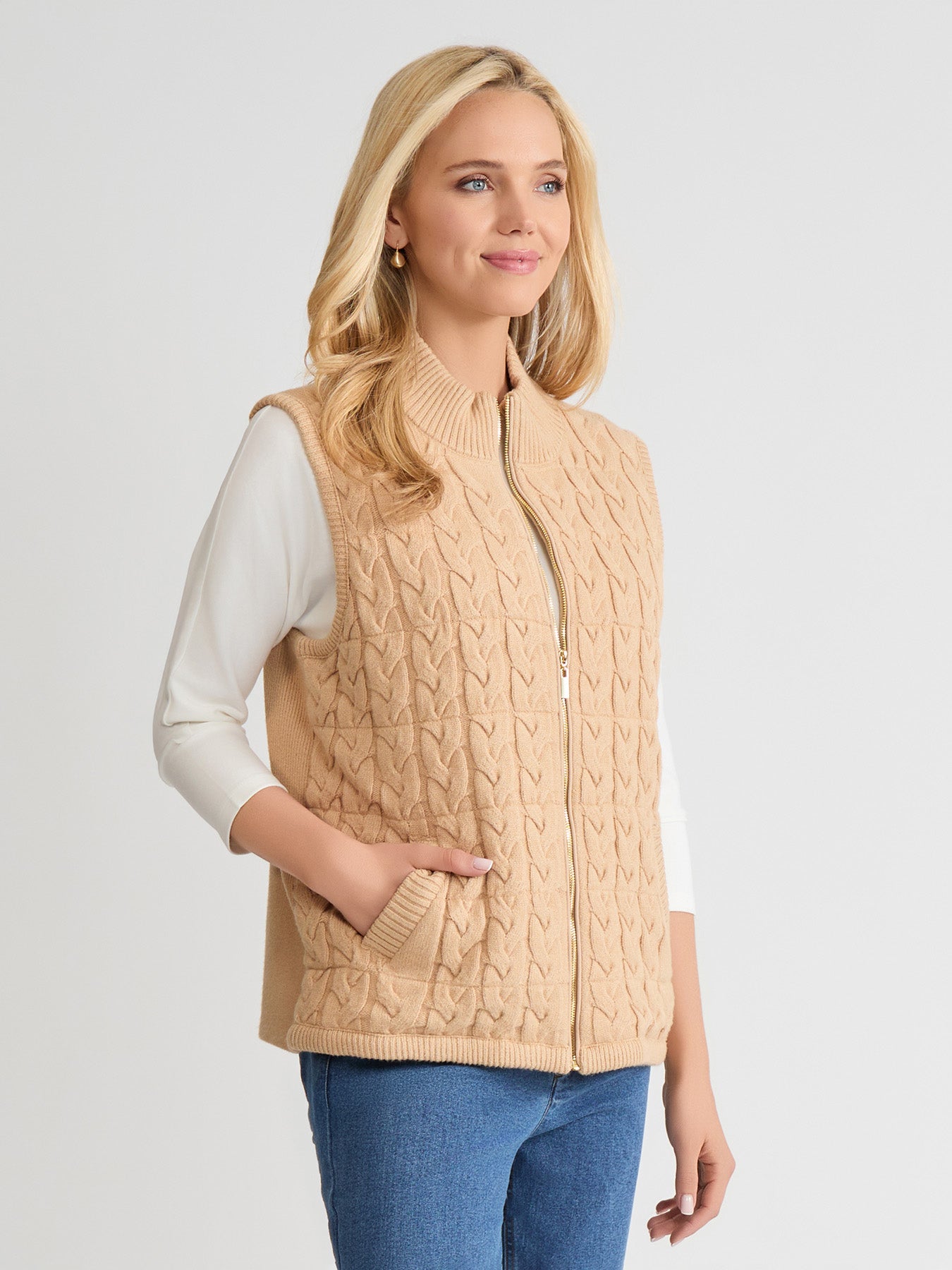 Zip-Front Cable Knit Puffer Vest
