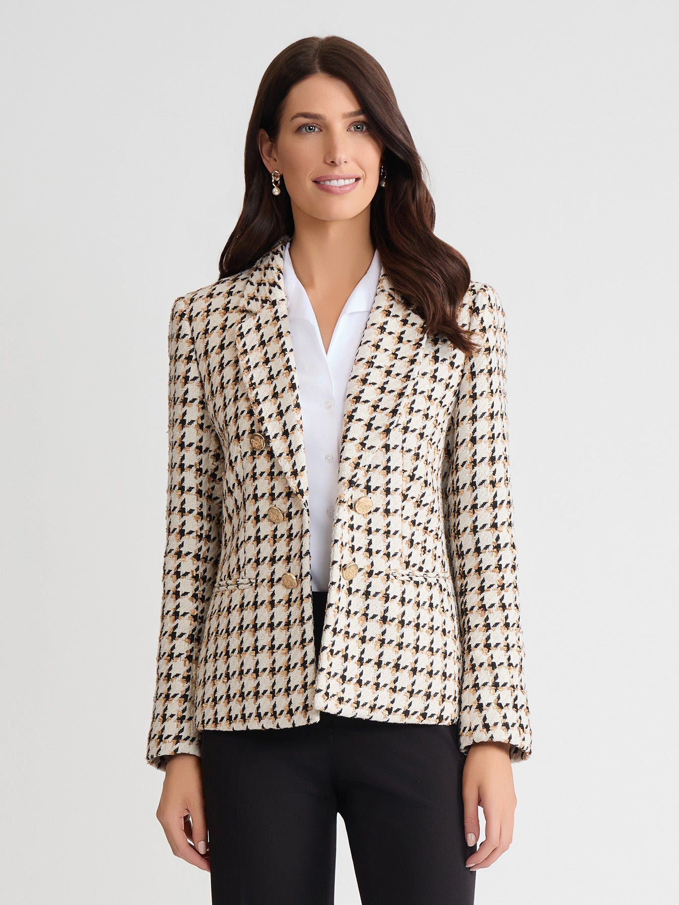Faux Double Breasted Jacket, Tweed Houndstooth
