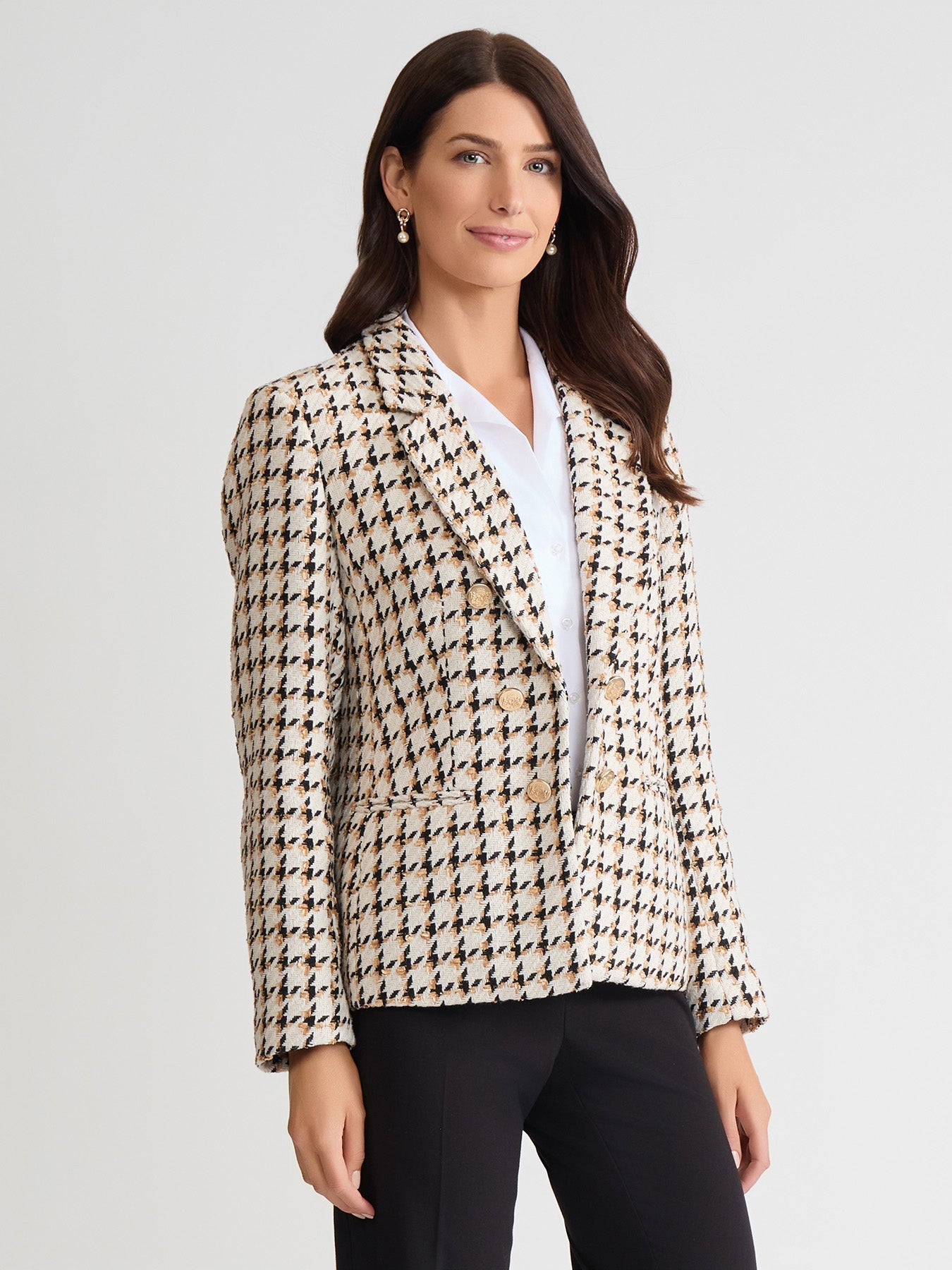 Petite Faux Double Breasted Jacket, Tweed Houndstooth