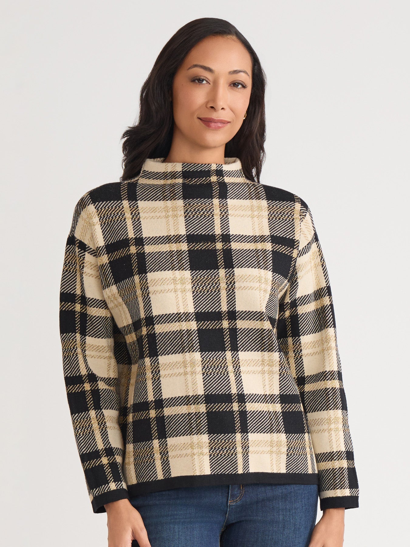 Petite Plaid Mock Neck Sweater